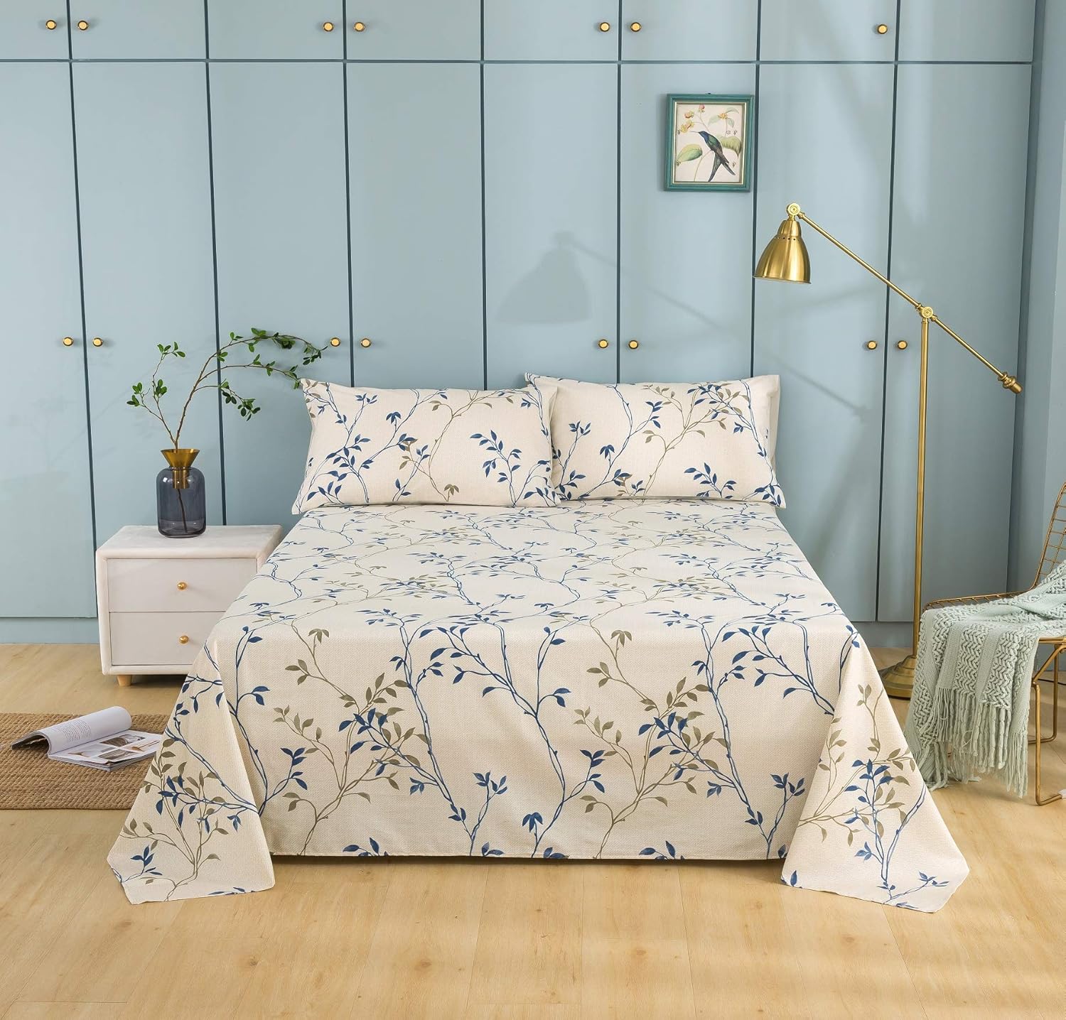 Tache Queen Flat Sheet Only Cotton Elegant Leaf Vine Nature Earthy Floral Neutral Cream Beige Tan Blue Breathable Poplin Cotton Flat Sheet, Queen