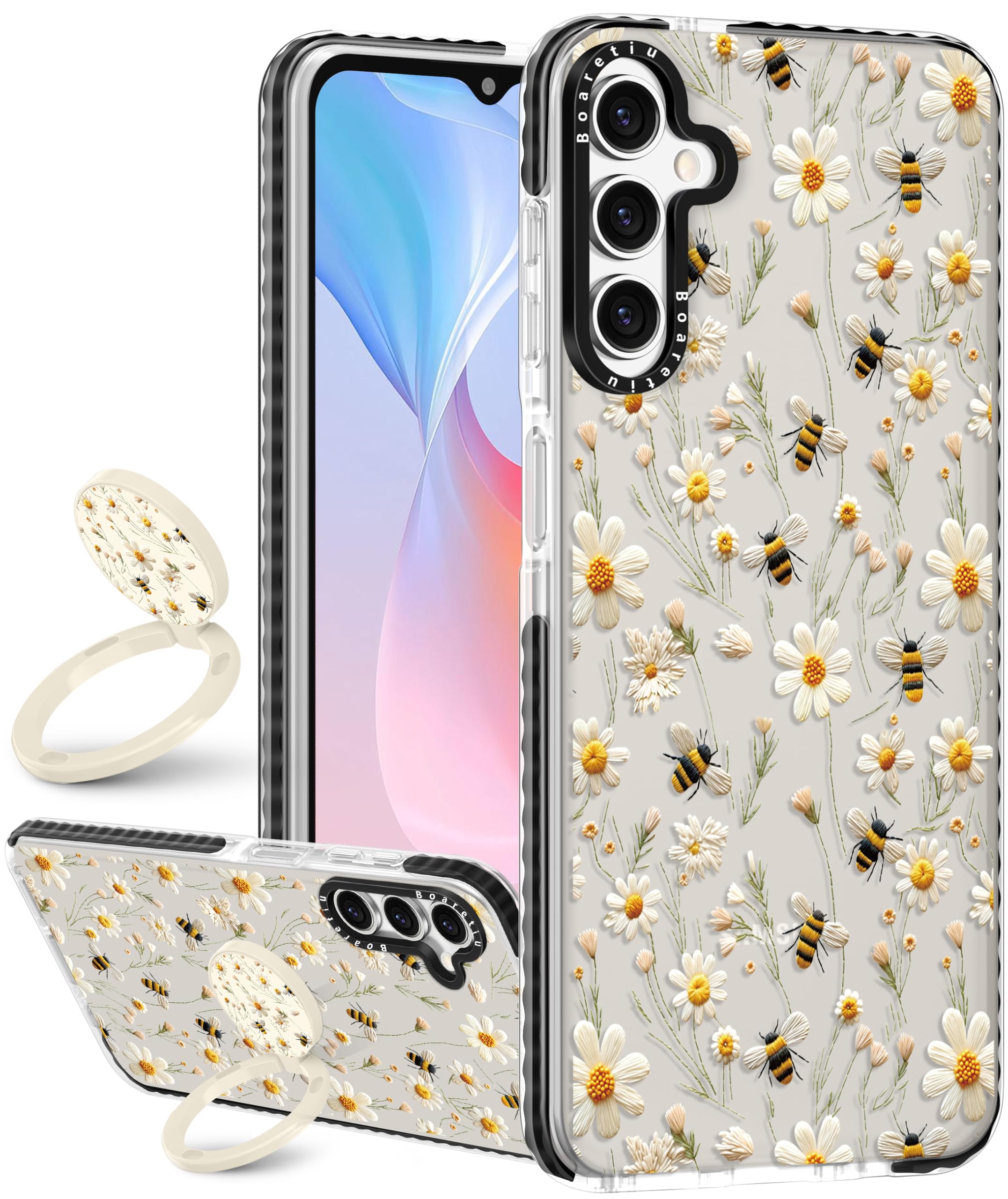 Boaretiu Cute Kawaii for Samsung Galaxy A16 Case with Stand - Fashion Cool 360° Rotate Ring Holder Kickstand Flower Bee for Women Girls Boys Teens