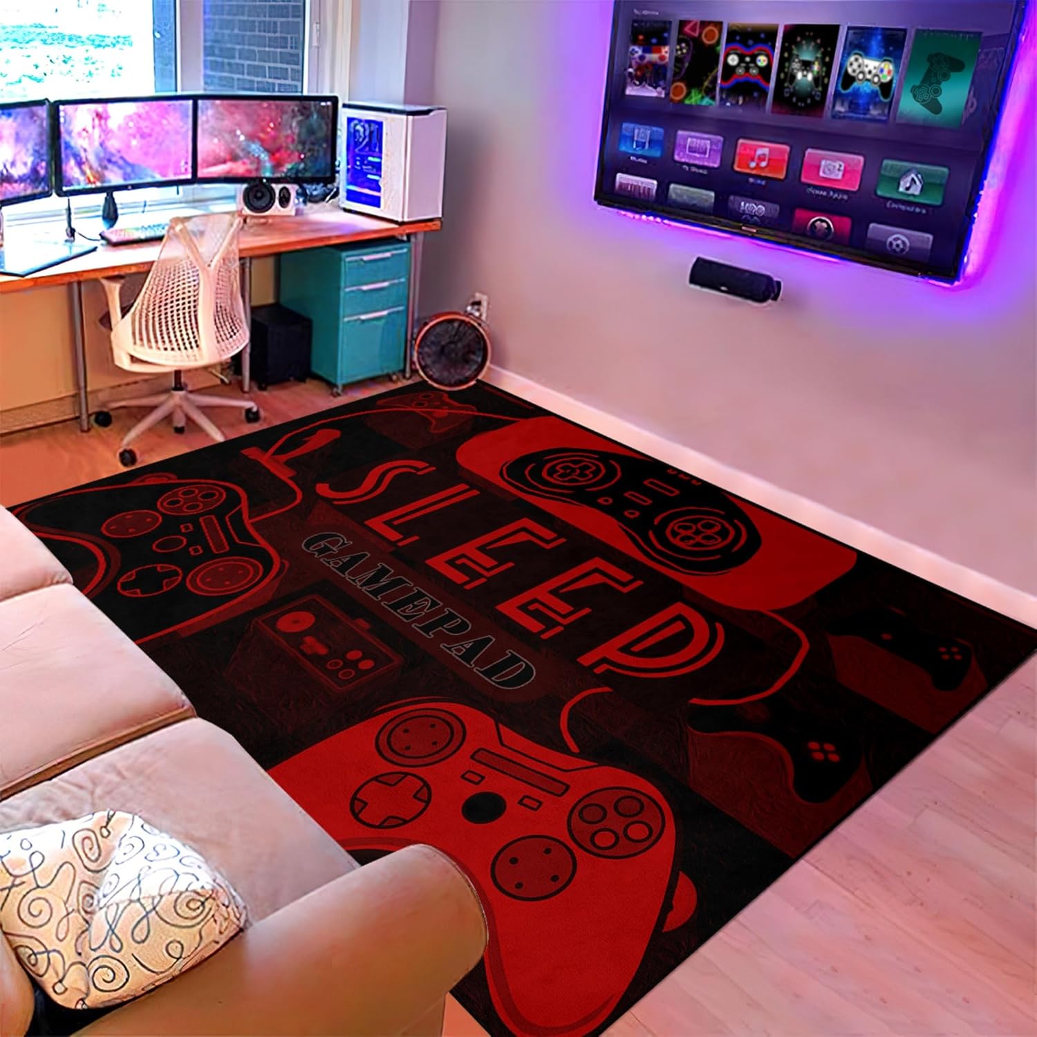 Gaming Rug for Gamer Floor Rugs for Boys Gaming Red Black Carpet Bedroom Floor Mats Doormats Video Game Mens Floor Mat for Teen Room Home Decor, 4'x5'