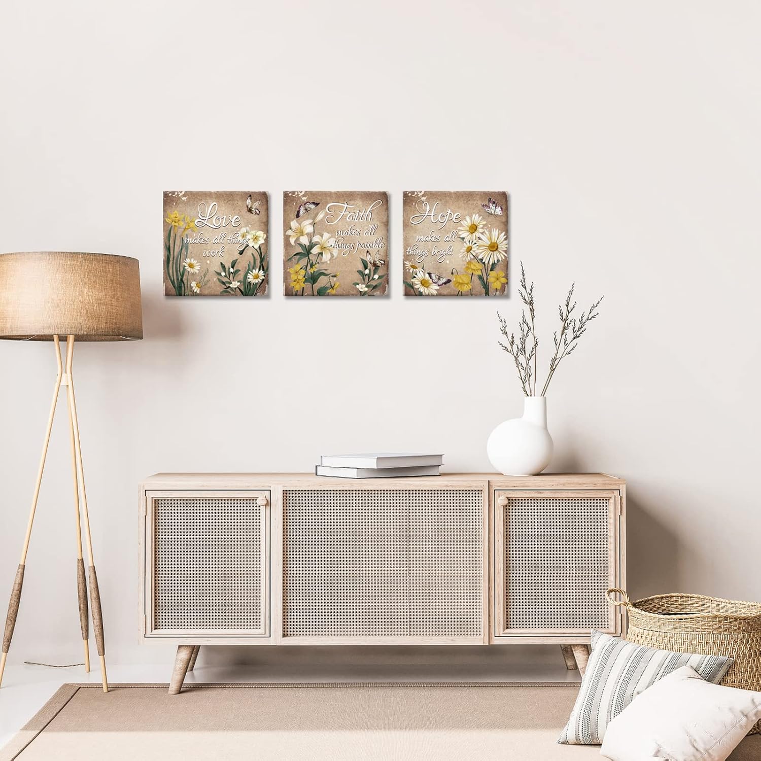 sechars Love Faith Hope Wall Art Canvas Vintage Yellow Flowers Pictures for Bathroom Decor Daisy Lily Floral Paintings Inspirational Quotes Posters Prints - Image 2