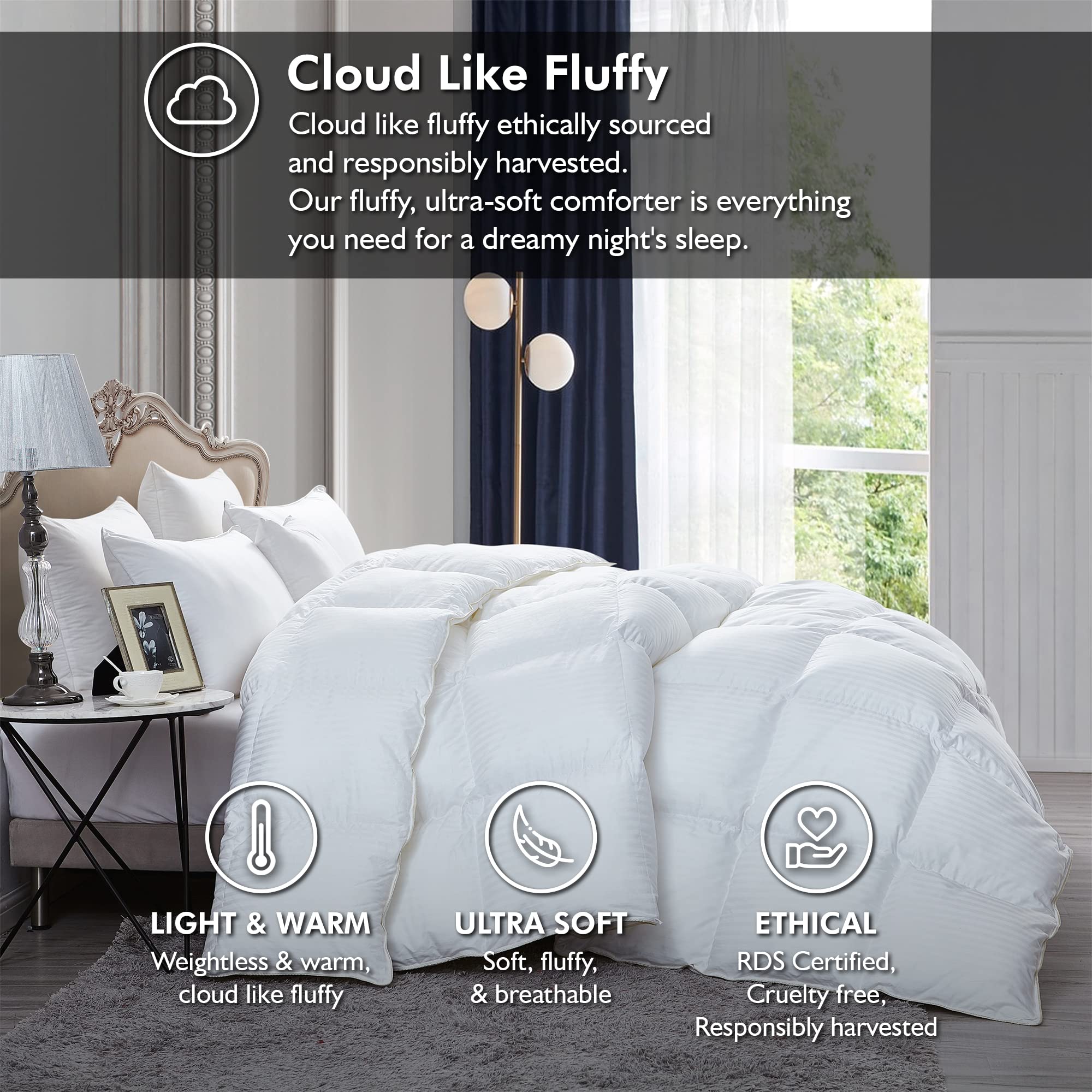 Luxurious King Size Goose Down Feather Fiber Comforter Duvet Insert, 100% Egyptian Cotton Cover, 70 oz. Fill Weight Comforter (King, White Stripe)