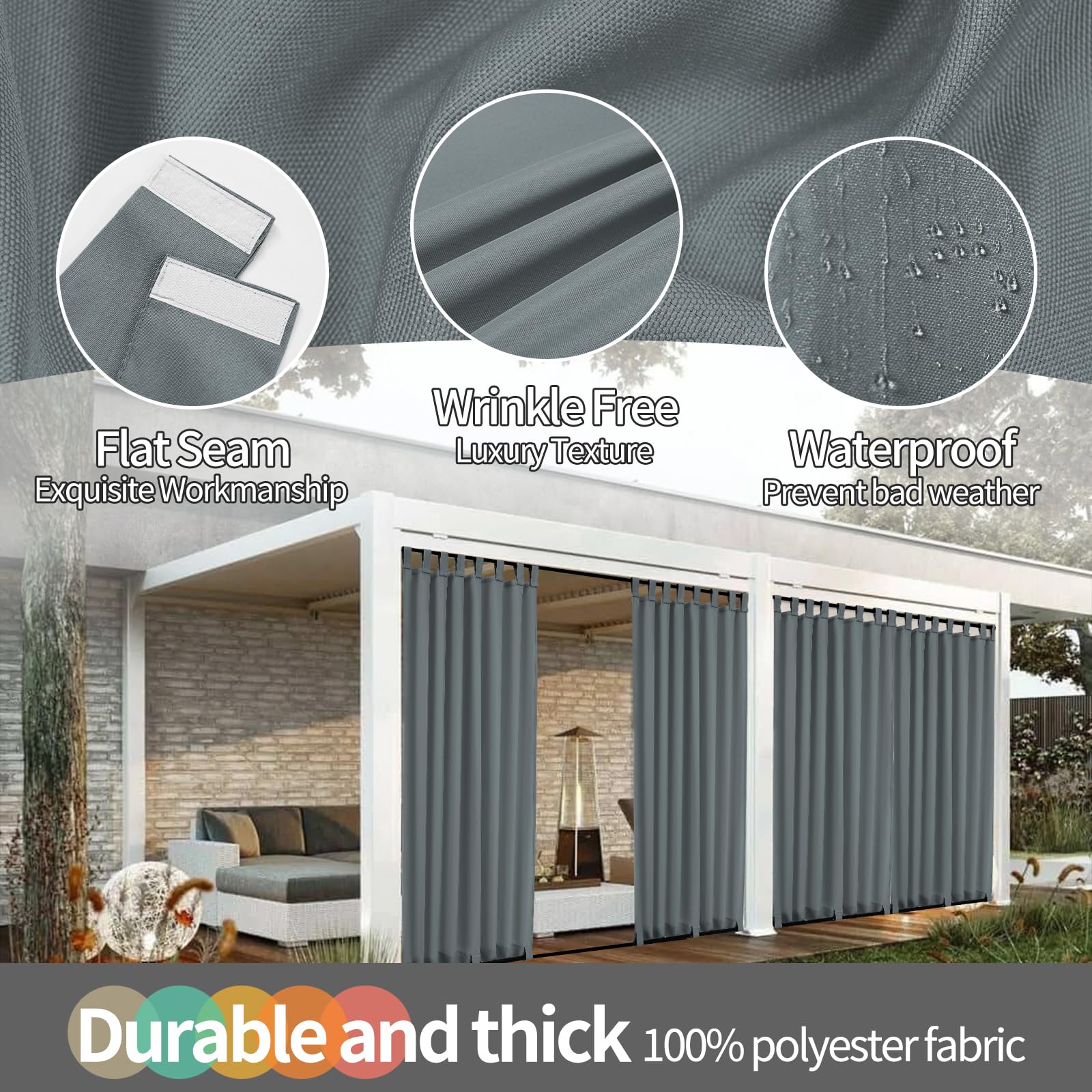 2 Stücke Outdoor Vorhang Wetterfest mit Klett-Schlaufen, Outdoorvorhänge Balkon Vorhang Terrasse Vorhänge Gardinen Sonnenschutz & Sichtschutz Vorhänge mit Schlaufen Unten, H260 x B155 cm, Dunkelgrau