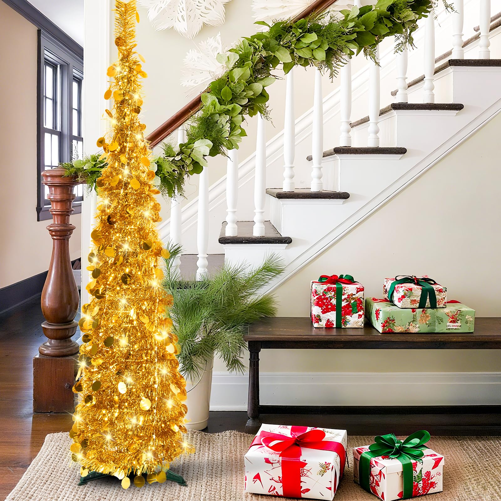 Sapin de Noël pop-up de 1,5 m, pliable et fin - Sapin artificiel fin pour décoration de la maison - Doré
