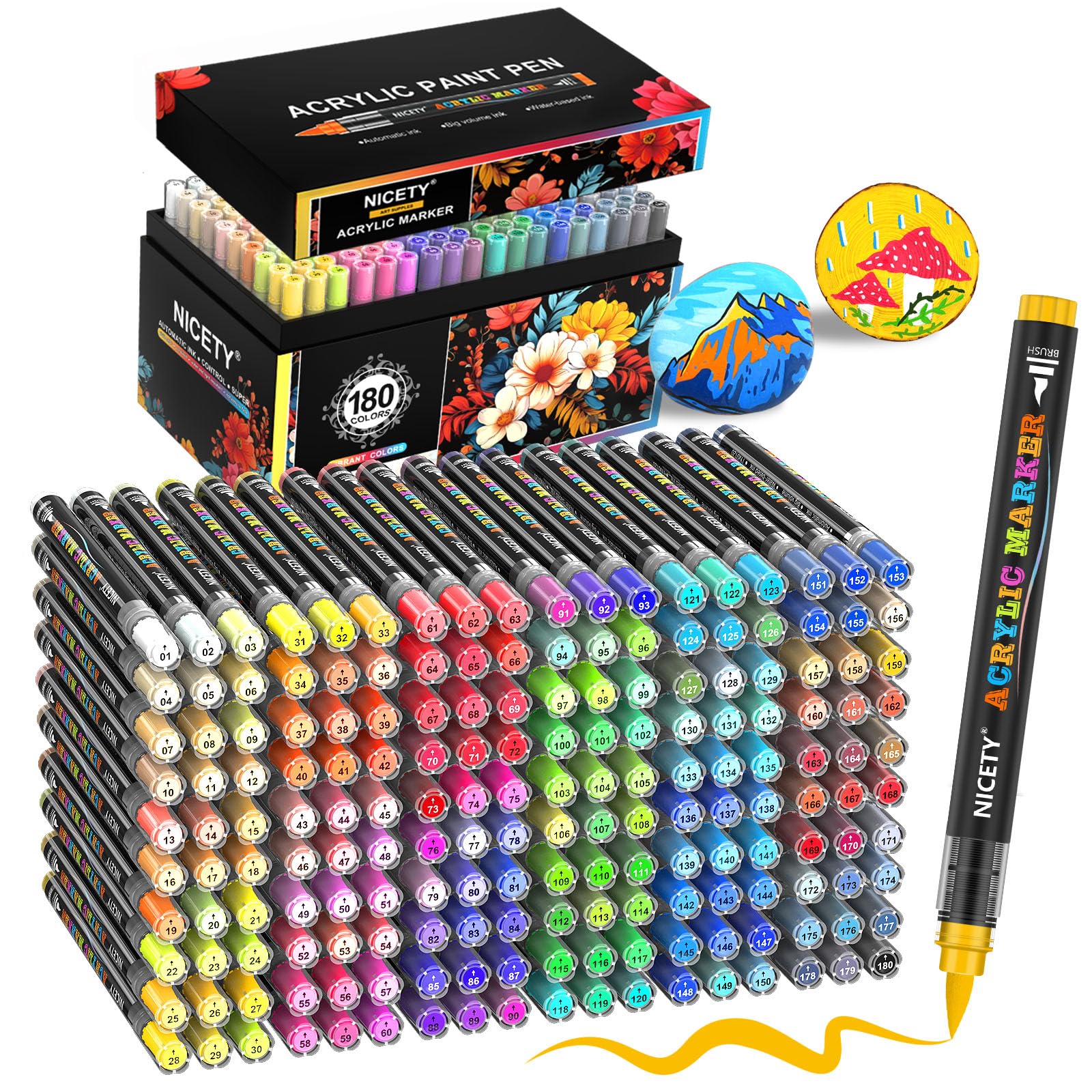 NICETY 180 Acrylic Brush Pens - Set of Markers for Painting on Stone, Wood, Ceramic, Glass - Non-Toxic, Flexible Tip 1-6mm - for Adults, Artists and Beginners