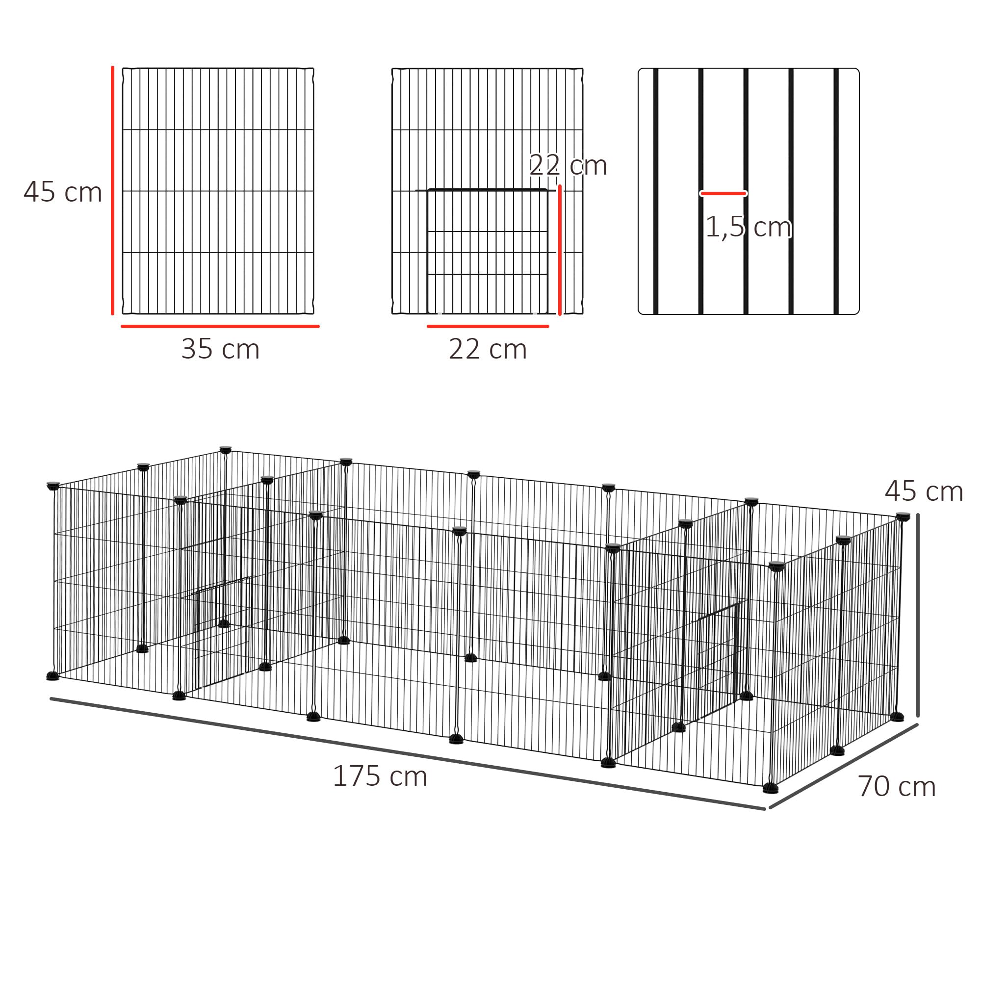 PawHut Freigehege Meerschweinchen Gehege, Kleintiergehege, Freilaufgehege mit 18 Platten, DIY Kleintierkäfig aus Stahlgitter, für Indoor, Outdoor, 175 x 70 x 45 cm, Schwarz