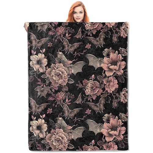 VANZEV Gothic Blanket, Floral and Bat Flannel Throw Blankets,Soft Warm Lightweight Cozy Plush Halloween Goth Throws for Bedroom Sofa Home Decor Gifts for Women Girls 50"x60" - Color180 - 50"x60"