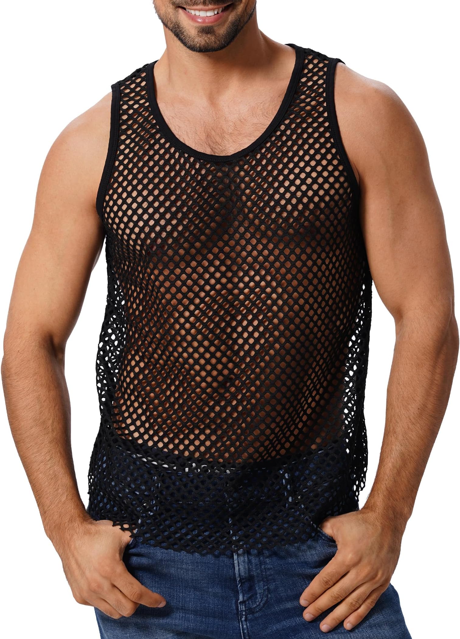 Men's Sheer Mesh Sleeveless Tank Top,Fishnet See Through Muscle Shirt,Gym Workout Fitted Undershirt