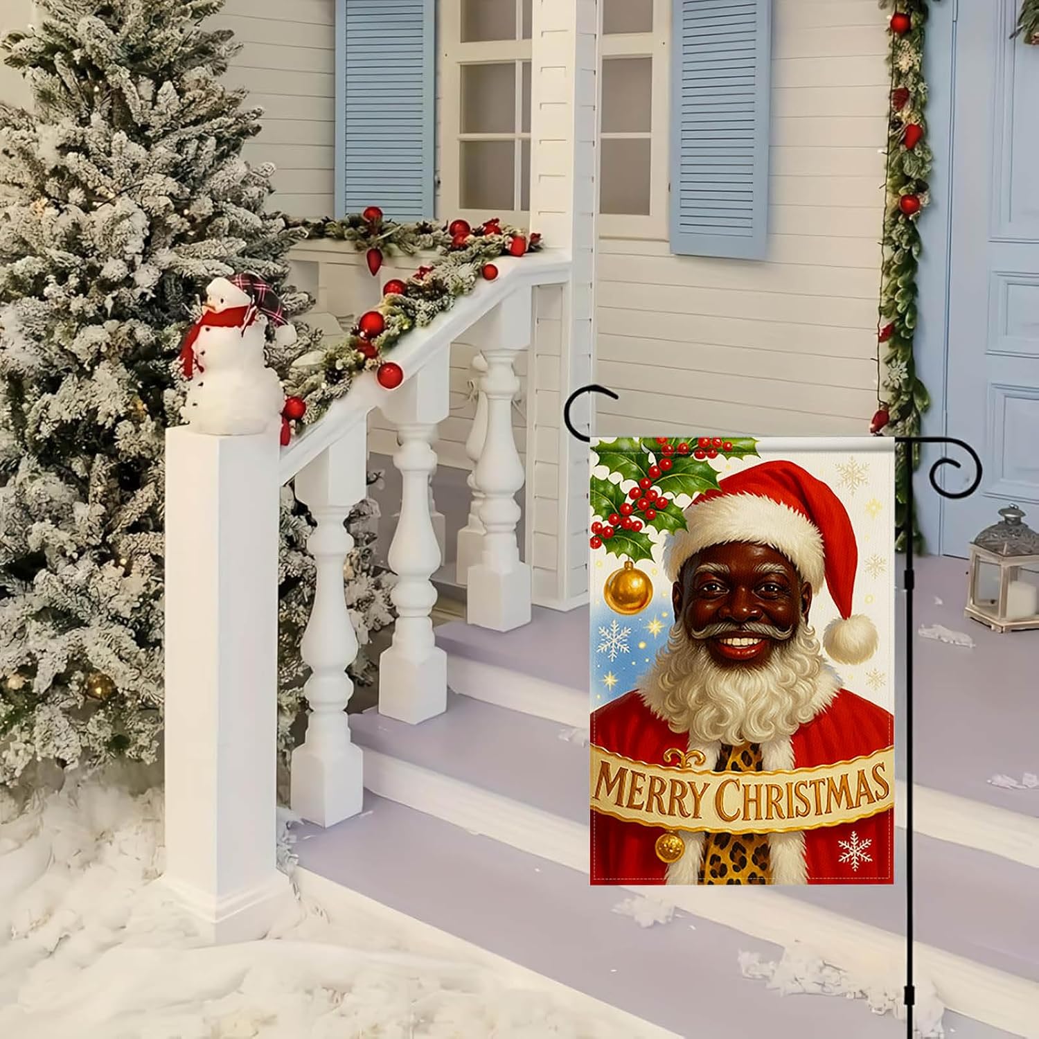 HOMETITUTE Merry Christmas African American Black Santa Garden Flag 12x18 Inch Double Sided Santa with Holiday Banner Holly Gold Ornament Flags Outdoor Winter Yard Banner - Image 4