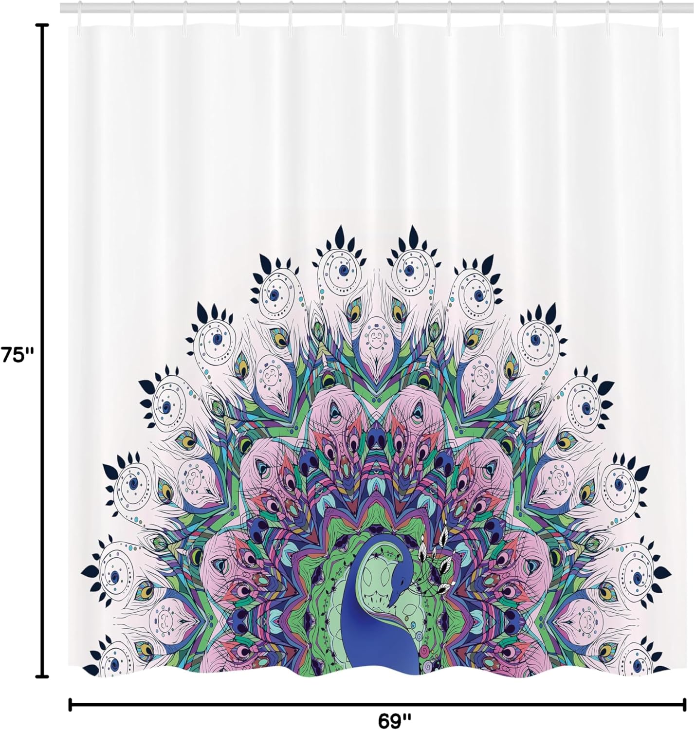 Ambesonne Peacock Shower Curtain, Peacock Illustration Exotic Wildlife Feather Ornament Vintage Oriental, Cloth Fabric Bathroom Decor Set with Hooks, 69" W x 75" L, Violet Blue Green Pink