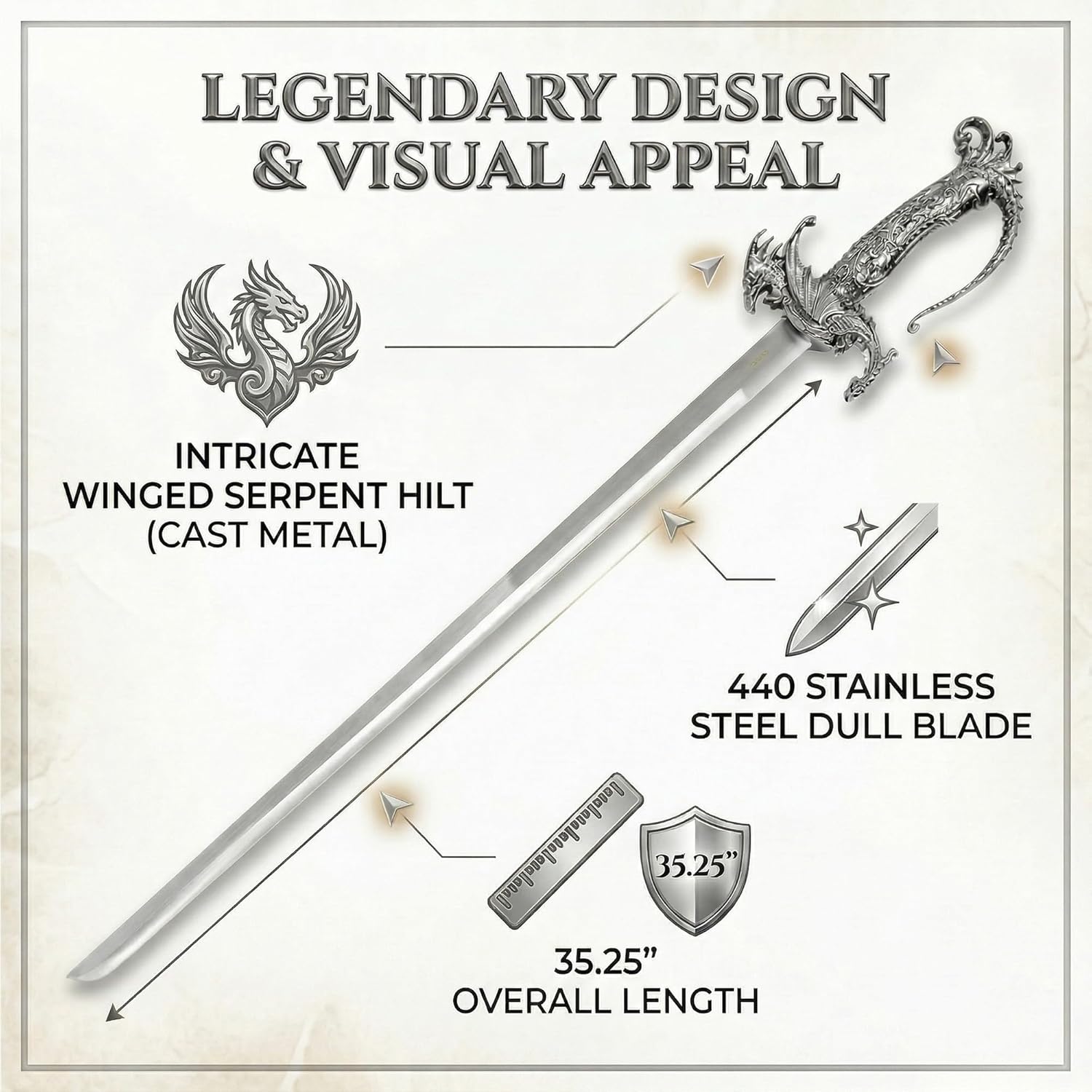 Medieval Dragon Sword – Decorative Replica Display Piece, Dull Blade Collectible, Knight Fantasy Sword for Cosplay, Home Decor and Collections