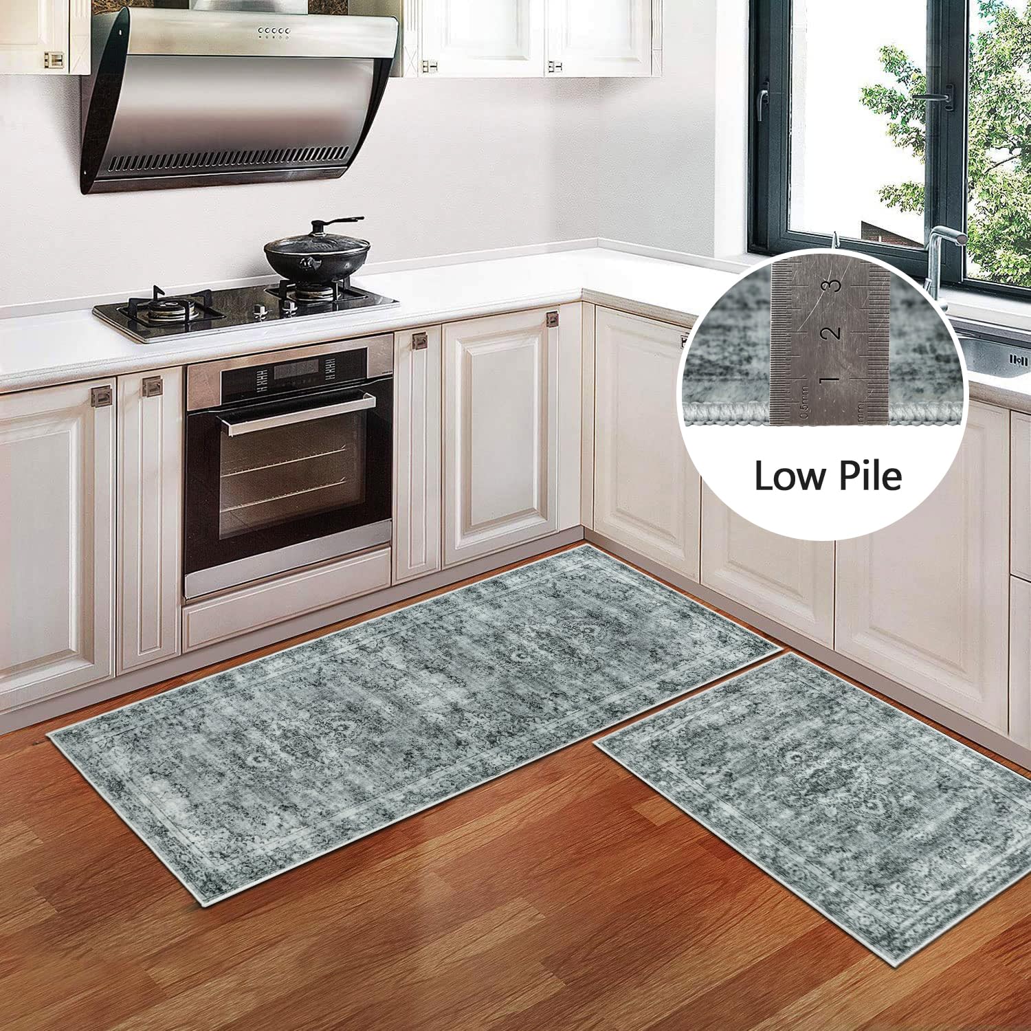 2 Tapis De Cuisine RLAVBL - Antidérapants 120x44cm + 75x44cm - Motif Fleurs - PVC Lavable - Pour Sol Confort