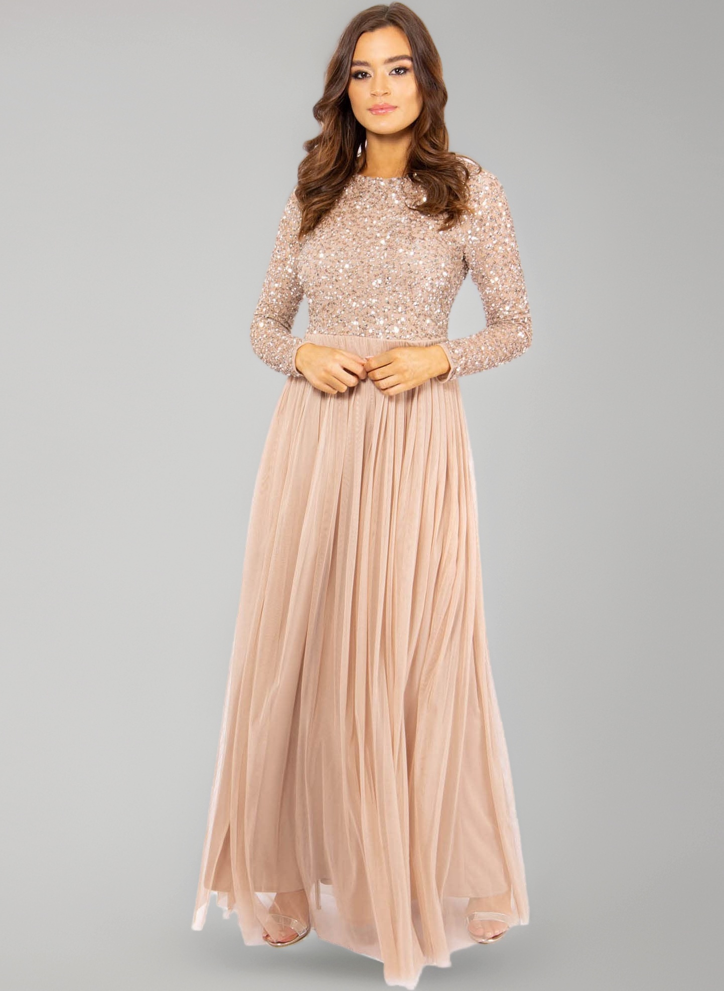 maya bridesmaid delicate sequin wrap maxi dress in taupe blush Deluxe Women's Maya Embellished Long Sleeve Bridesmaid, 6 Fashion 1920 flapper dresses Look gorgeous and elegant Size Guide:14