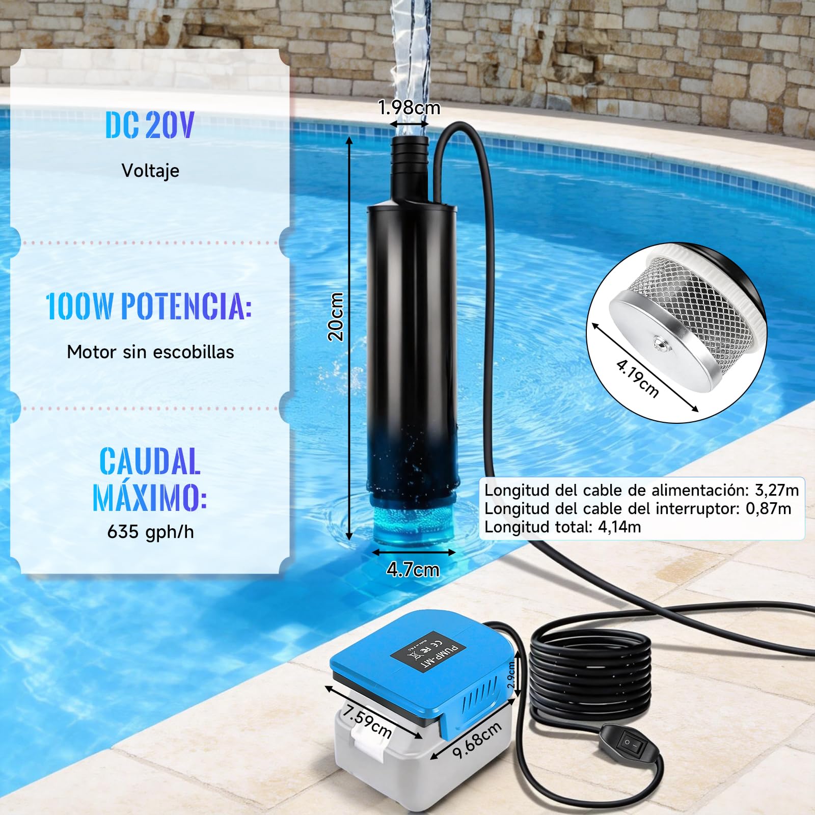 Mini Bomba de Agua Sumergible Compatible con Bosch 18V, 30 L/min Bomba de Agua a Batería Portátil para Barril de Lluvia, Piscina, Estanque y Riego de Jardín (Batería No Incluida)