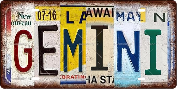 GEMINI Zodiac Sign Vintage Metal Tin Sign, License Plate, Home Decor, Room Decor, Wall Decor, Bathroom Decor, Bar Decor, Cafe Decor, Garage Decor, 12 x 6 Inch