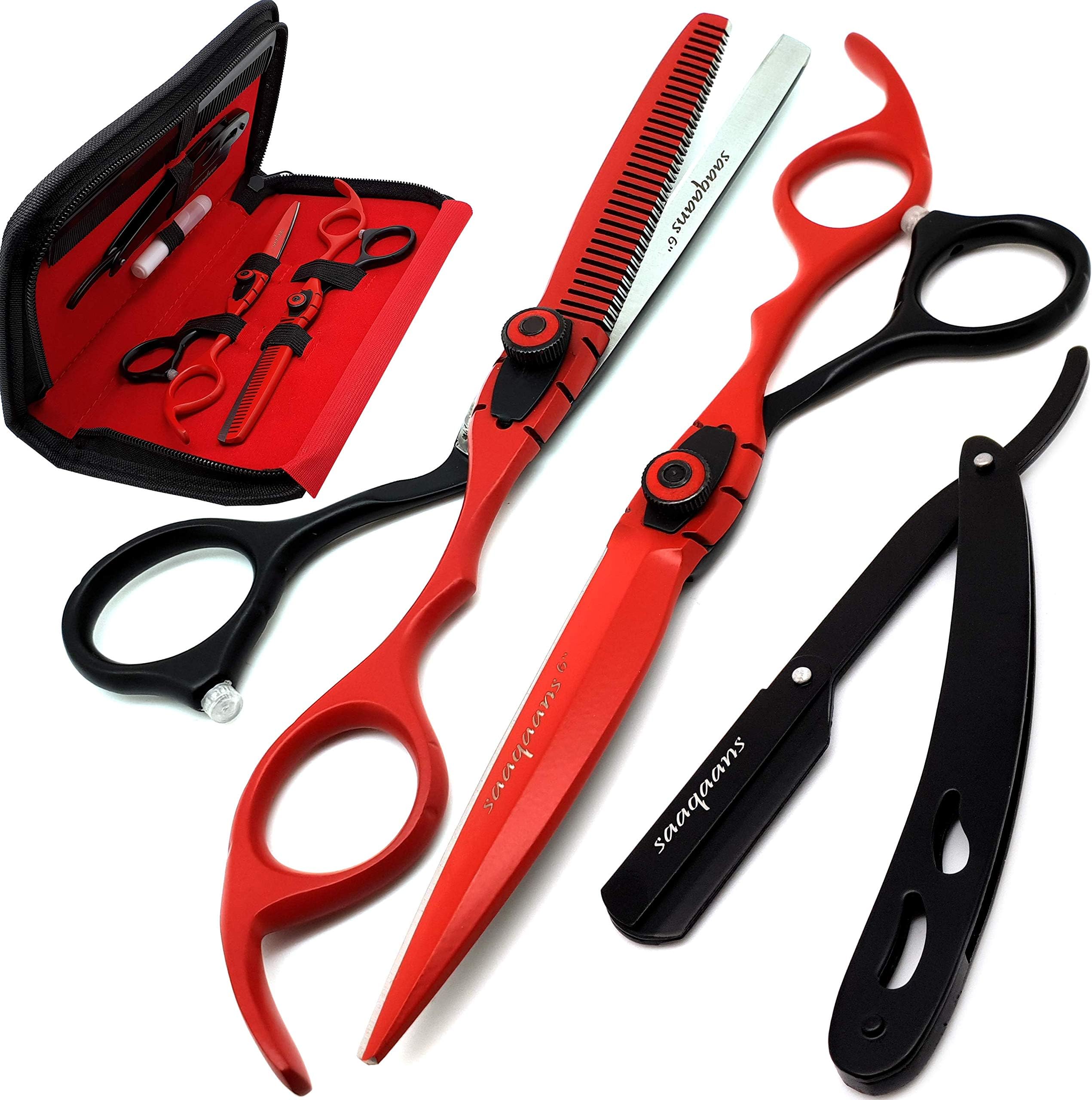 Saaqaans MSS-04 Haircut Scissors Set - Hair Cutting Scissor for Barber/Hair Salon + Texture/Thinning Hairdressing Shear for Beautician + Straight Edge Razor + 10 Blades with Case (Red Scissors Set AE)