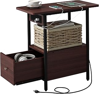LIDYUK End Table with Charging Station, Narrow Side Table with Drawer and USB Ports & Power Outlets, Nightstand Bedside Tables for Small Spaces, Bedroom, Living Room, Dark Cherry
