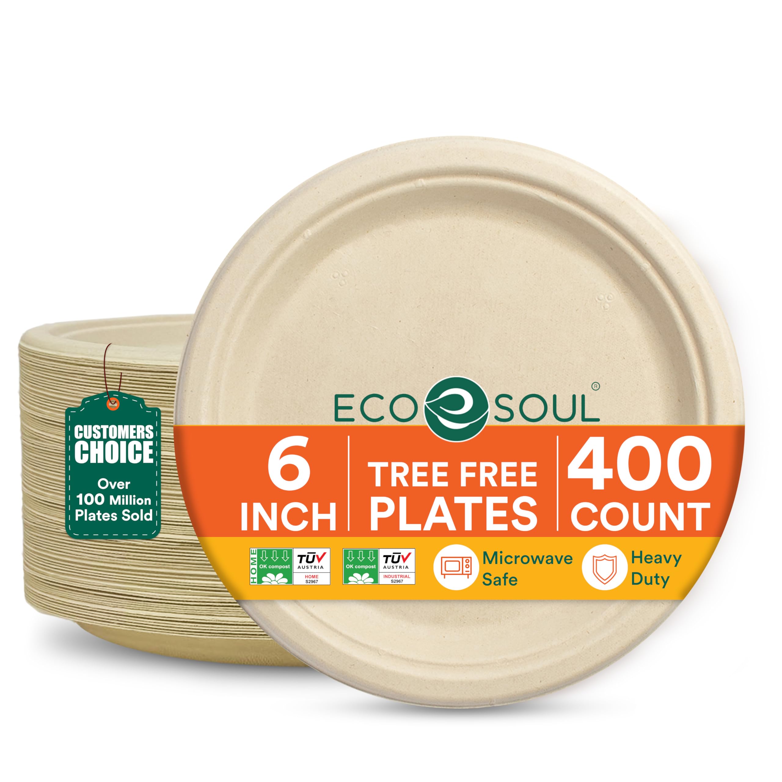 ECO SOUL Compostable Paper Plates 6 Inch (400 Count) Plates for Christmas Dessert, Heavy Duty, Eco-Friendly Sugarcane Bagasse Small Plates For Appetizer- Natural Brown