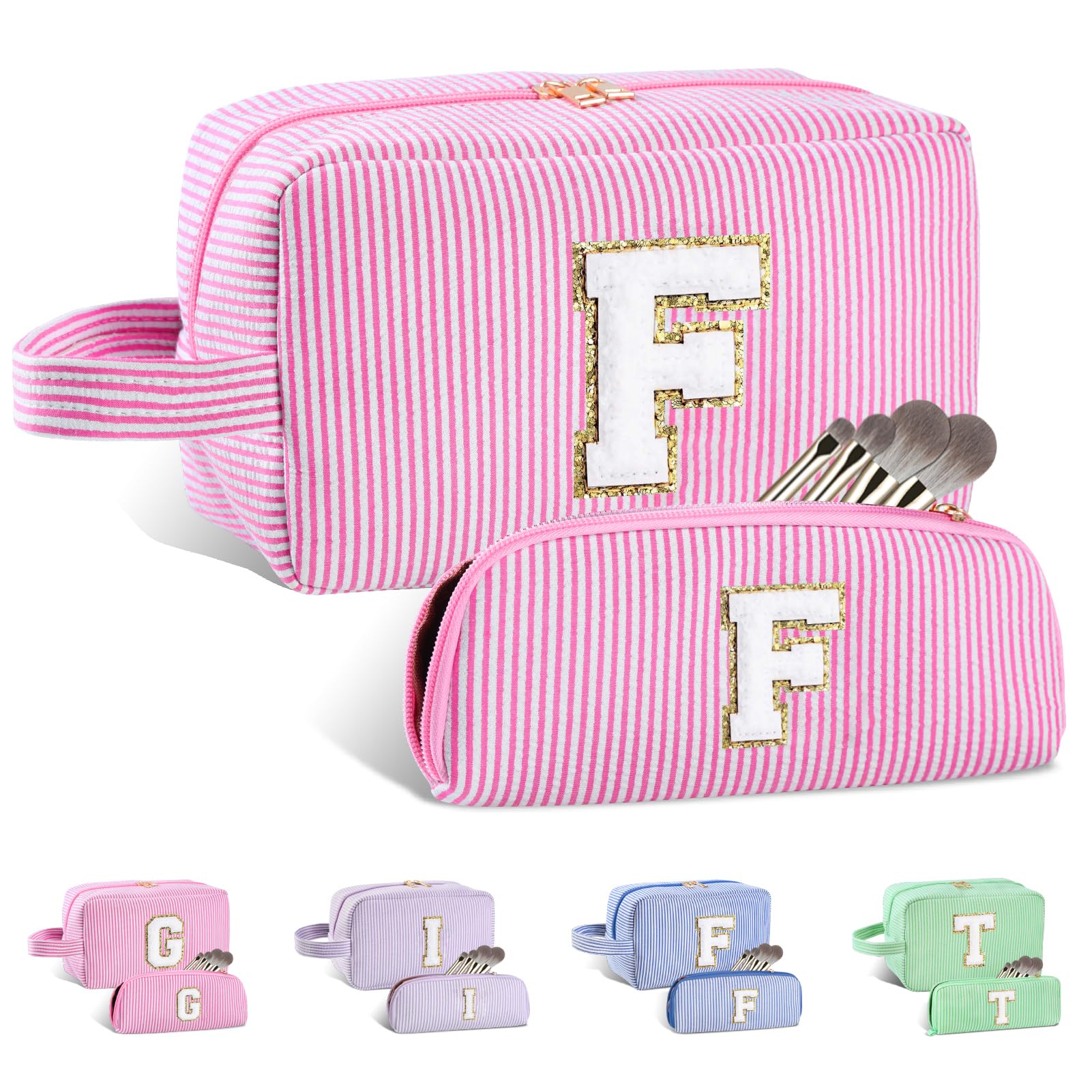 Huifen 2pcs Personalized Initial Makeup Bag A-Z Set, Preppy Make up Bag Cosmetic Bag Toiletry Bag, Easter Basket Gifts Birthday Gifts for Kids Teen