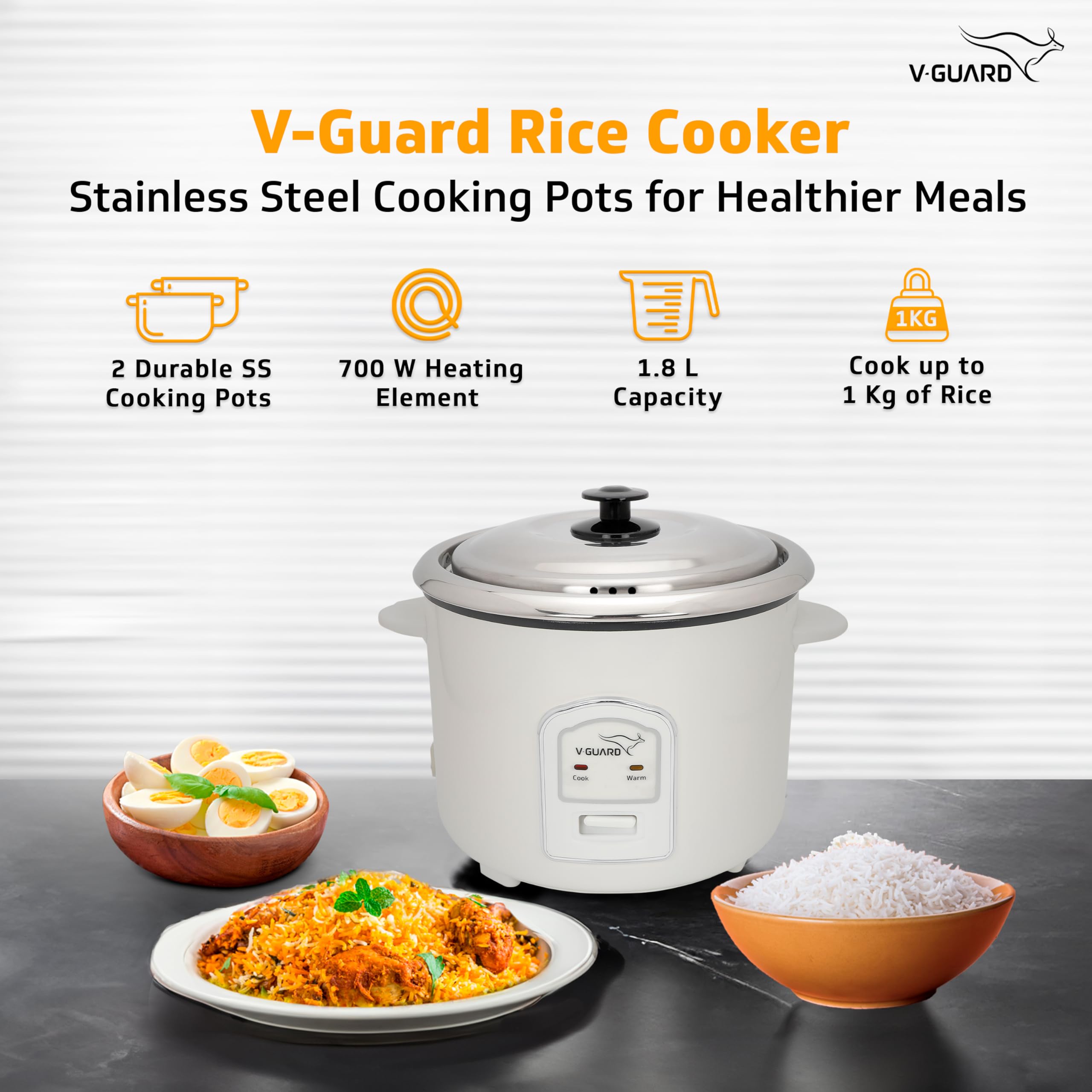 V-Guard Rice Cooker - 1.8L, 700W, 2 Pots -2