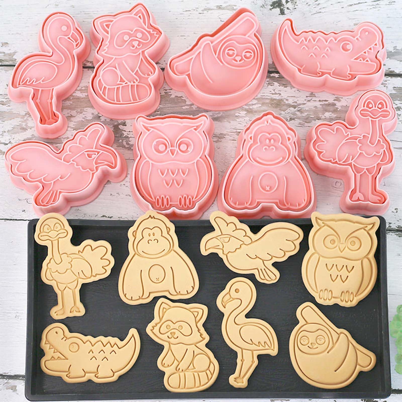 Photo 1 of 8 Mini Animal Cookie Cutters Set, 3D Raised Design Animal Embossing Stamps, Orangutan, Crocodile, Owl, Flamingo, Raccoon, Ostrich, Eagle, Sloth, Baking Molds (Forest-4)