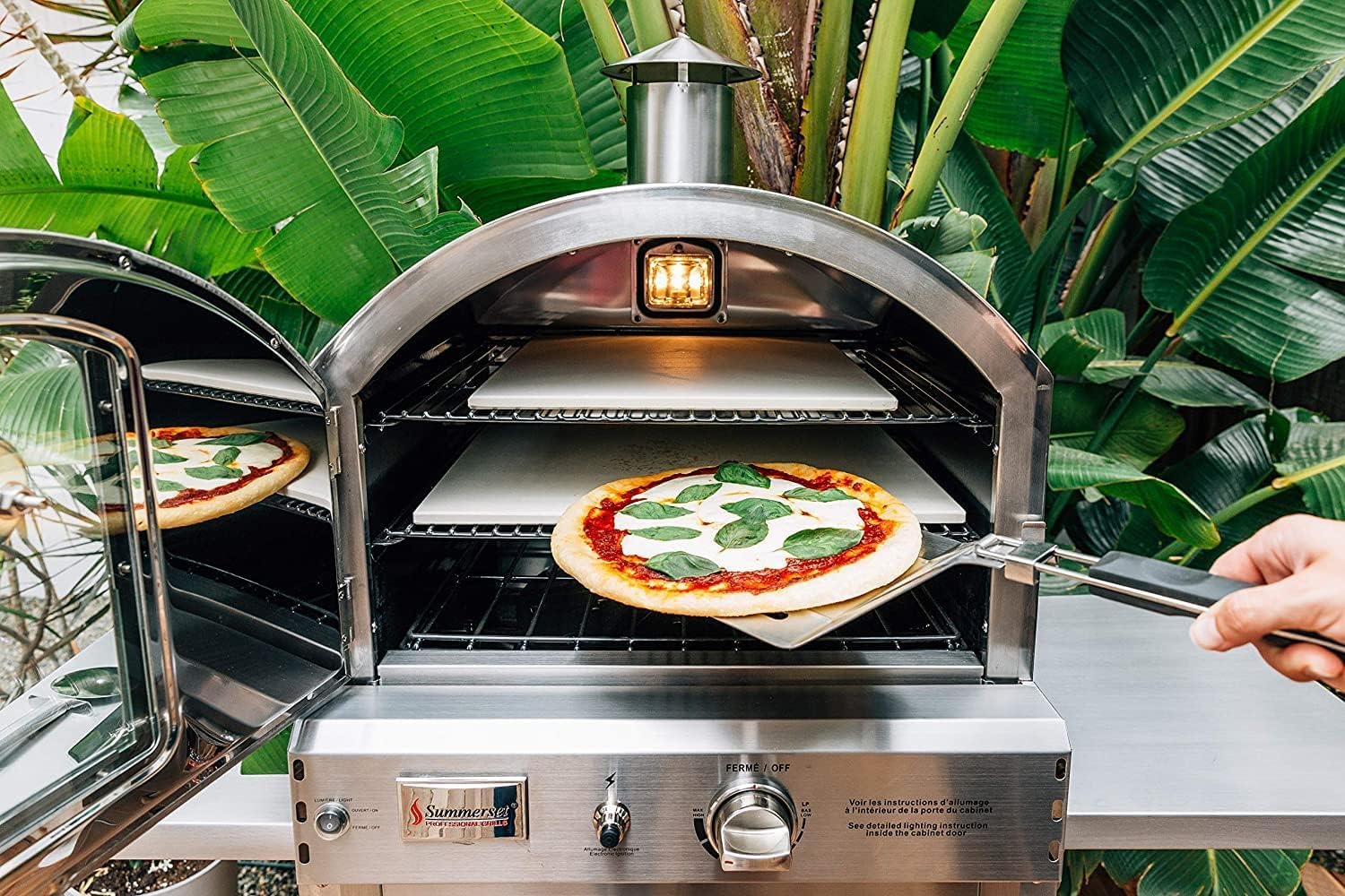 AMS Fireplace Summerset Freestanding Pizza Oven | Large Capacity Propane Gas Outdoor Pizza Oven with Pizza Stone and Smoker Box & Mobile Cart | FREE Tabletop Fire Pit (Propane Gas)