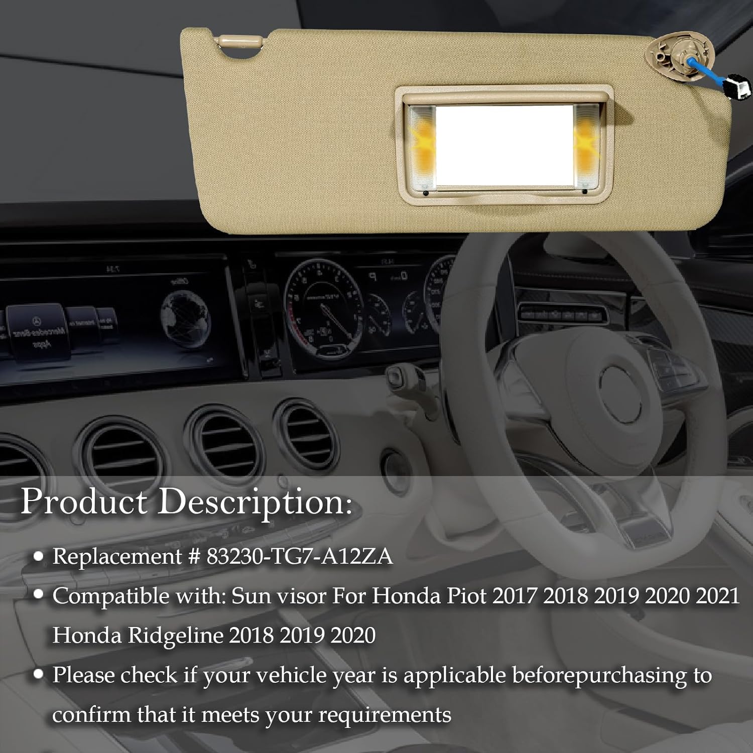 right passenger side sun visor compatible with honda pilot 2017-2021, ridgeline 2018-2020, sunvisor with mirror & vanity light, replace pn. 83230-tg7-a12za, beige passenger right side sunvisor beige(right)