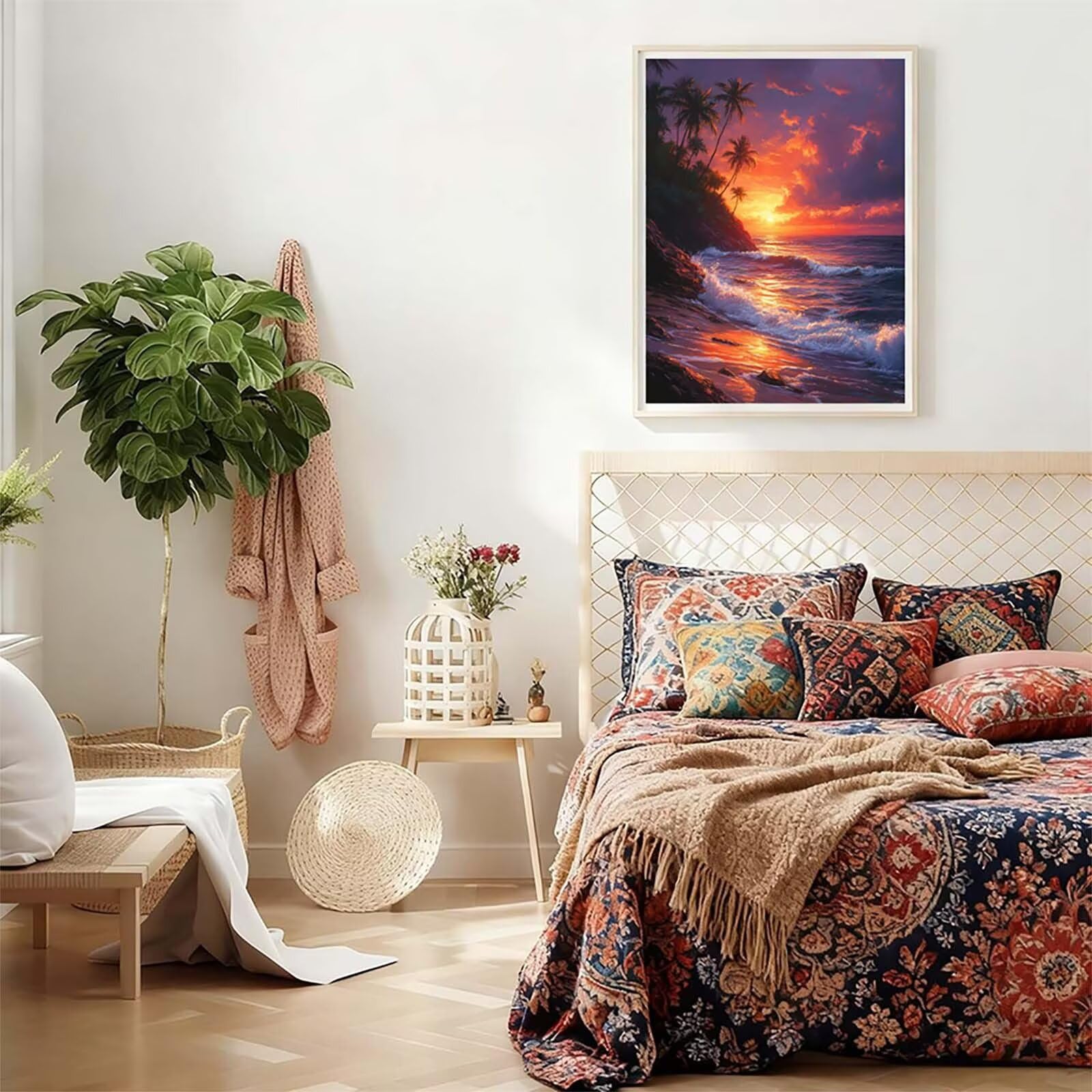 Sonnenuntergang Malen Nach Zahlen Erwachsene mit Rahmen, Malen Nach Zahlen Landschaft, DIY Bastelset Erwachsene, Handgemalt Ölgemälde Kit mit Pinseln und Acrylfarbe, Deko Wohnzimmer 90x120cm V-4576