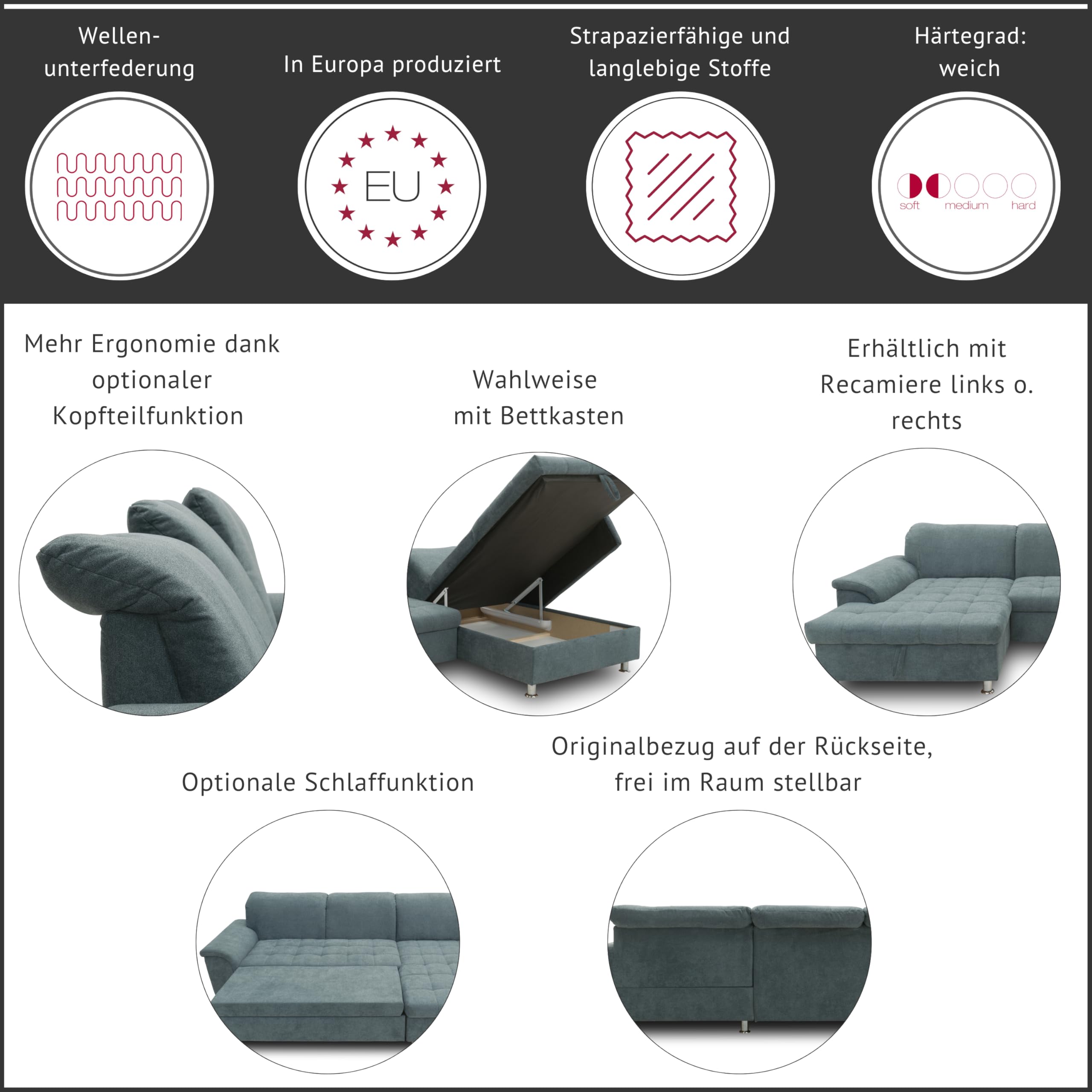 DOMO. collection Ecksofa Franzi, Couch in L-Form, Sofa, Eckcouch, Polsterecke Longchair links 279 x 162 x 81 cm (BxTxH), hellgrau