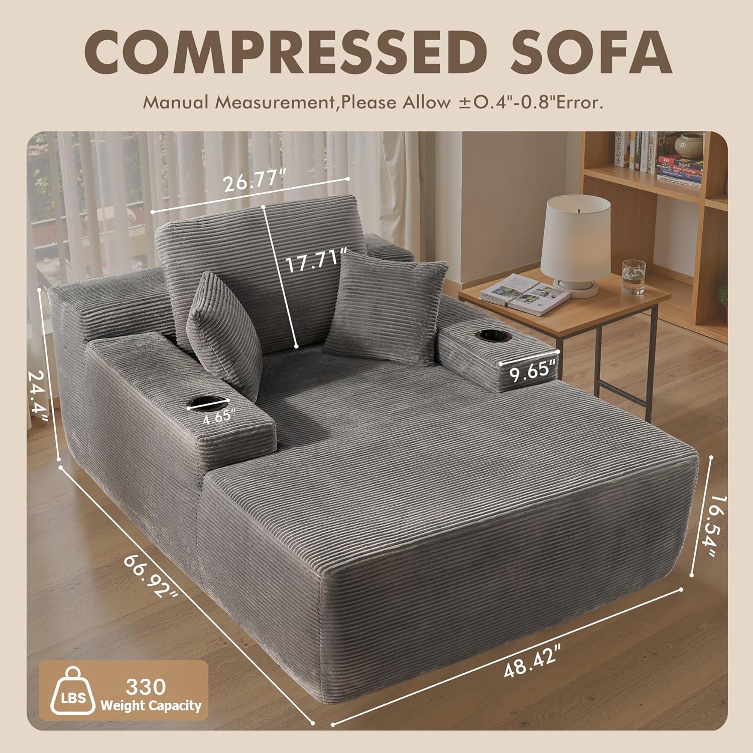 Oversized Chaise Lounge Chair Indoor with Cup Holders, 67" Boneless Cloud Sofa Bed, Plush Corduroy Sleeper Couch with Throw Pillows for Living Room Bedroom No Assembly
