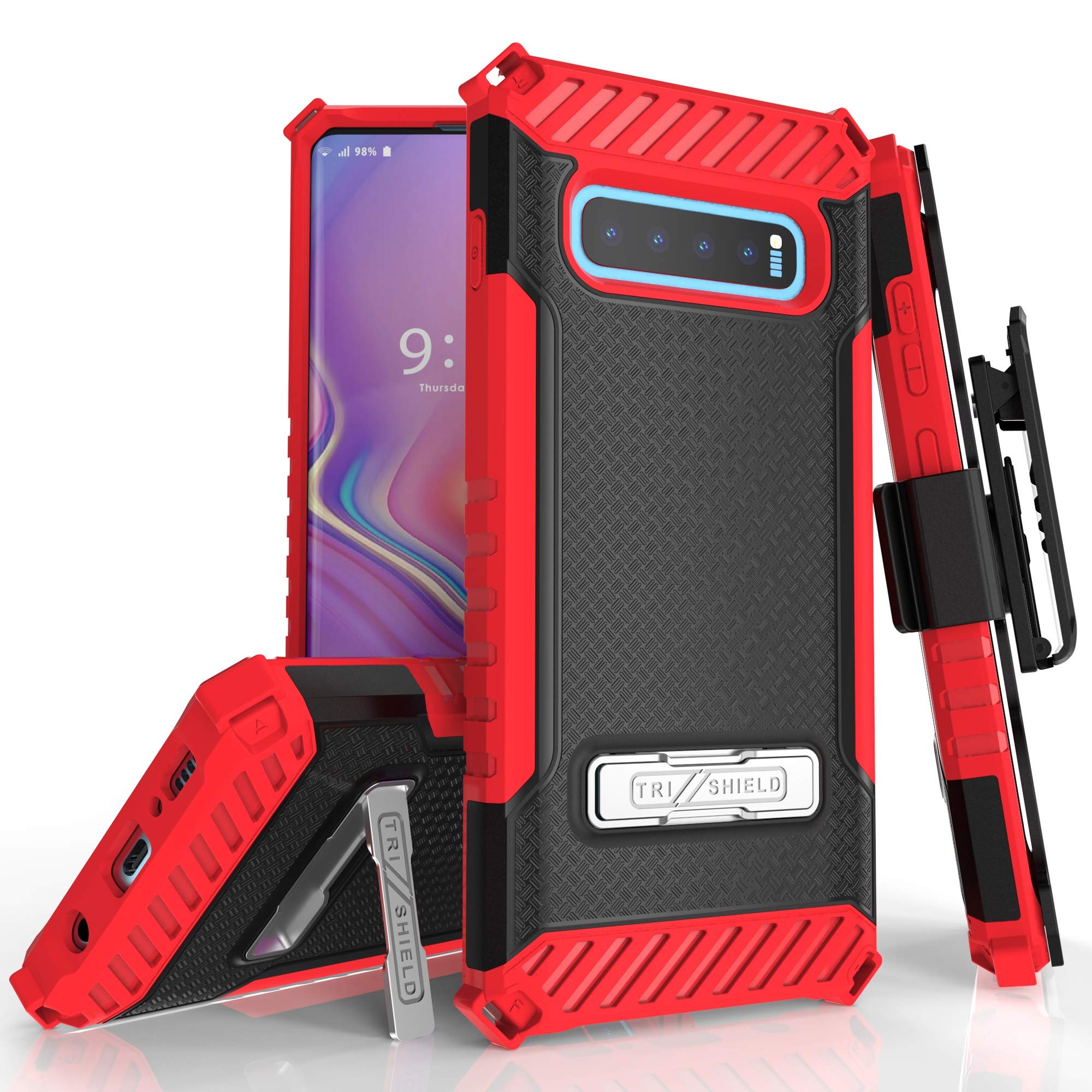 Beyond Cell Trishield Series Compatible with S10+ Case/Military Grade Rugged Cover + [Metal Kickstand]+[Belt Clip Holster] Compatible with Samsung Galaxy S10 Plus (2019)- Red