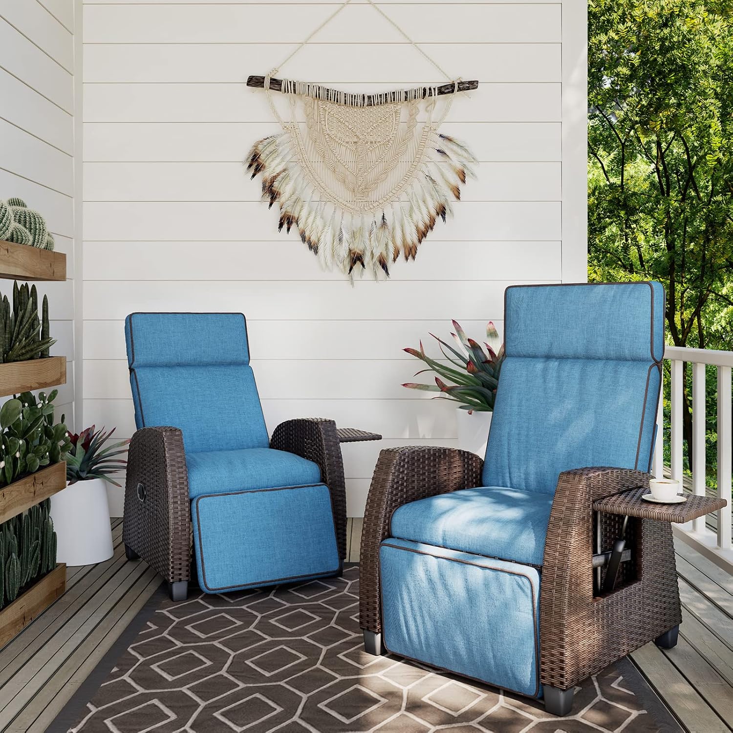 Grand patio Indoor & Outdoor Moor Recliner PE Wicker with Flip Table Push Back Reclining Lounge Chair, Peacock Blue : Patio, Lawn & Garden