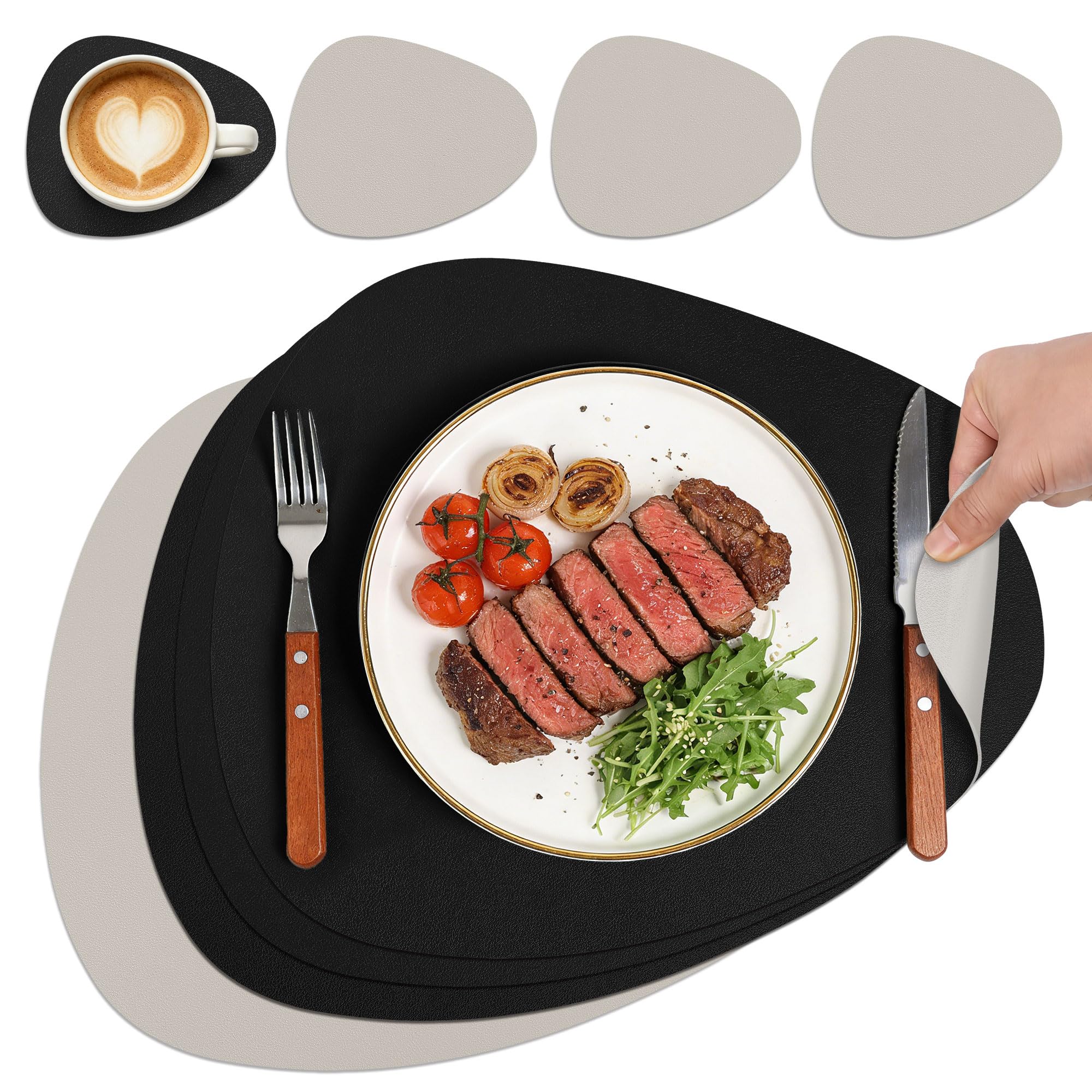 HELI MIAO Tischsets Abwaschbar,Platzsets Abwischbar, Leder,Hitzebeständig Doppelseitigen I 6er Set Platzdeckchen Lederoptik mit Untersetzer,Tischuntersetzer rutschfest,Salbeigrün