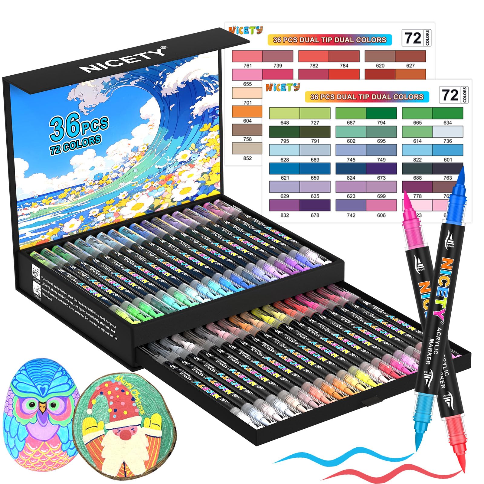 Close-up of a NICETY dual-tip acrylic paint marker showing the 1-5mm brush tip, ink window, and instructions to shake and paint.