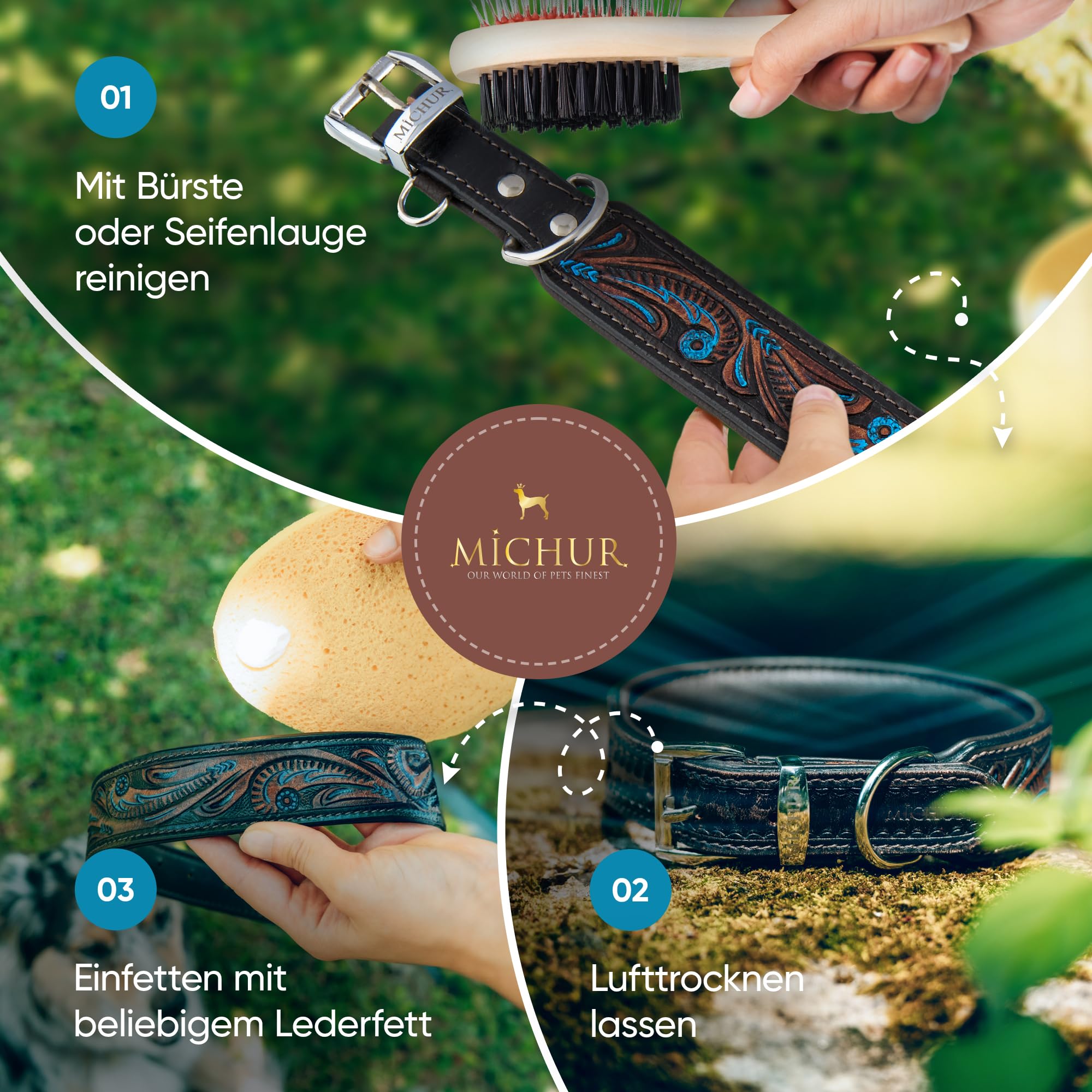 MICHUR Hundehalsband Leder [Handgefertigt & weich gepolstert] -  Lederhalsband Hund mit Stanzmuster (flauschig & fellschonend) - Halsband  Hund verstellbar (robust & langlebig) : Amazon.de: Haustier