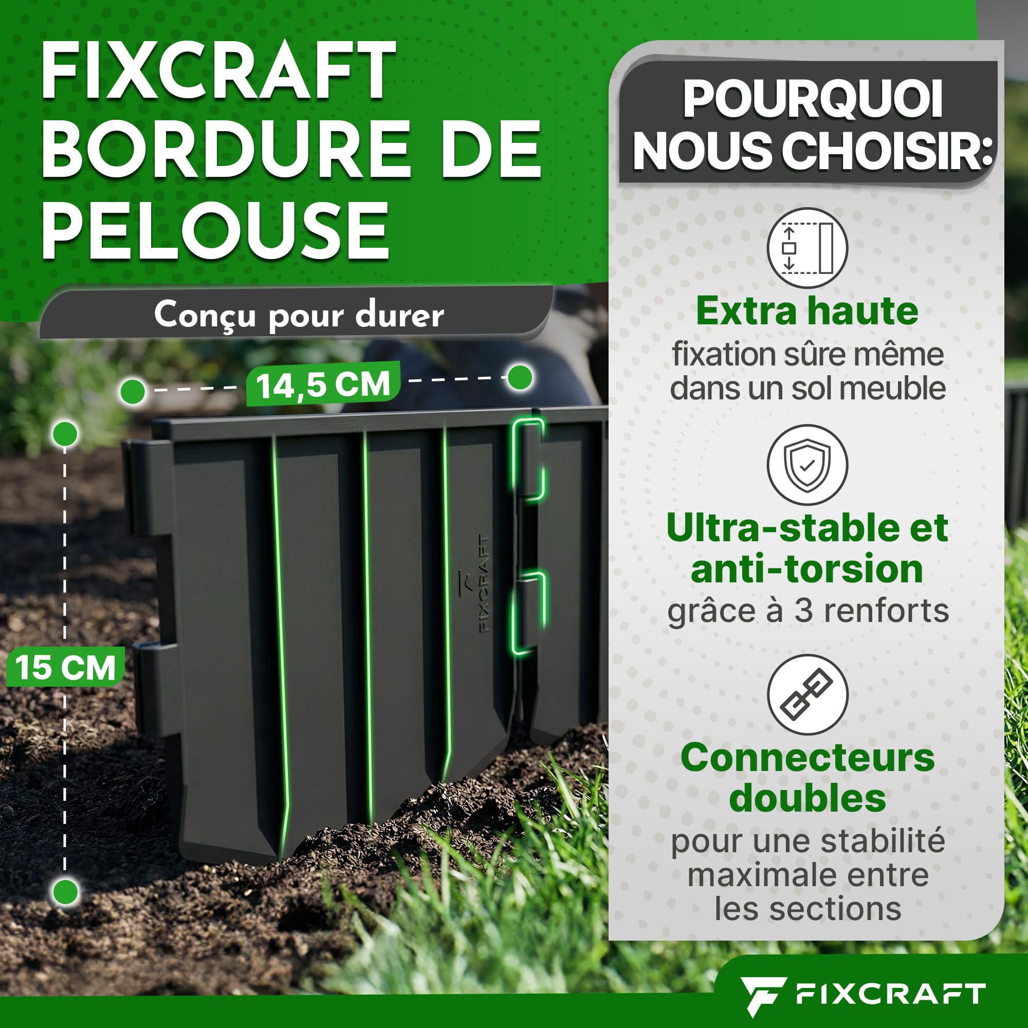Bordure de Jardin 10m [15cm Hauteur] - Bordure Pelouse Plastique | Bordure flexible pour Pelouse, Massif, Allée | Extra stable, anti-pli, Tête de Frappe large | Sûr pour Robot Tondeuse