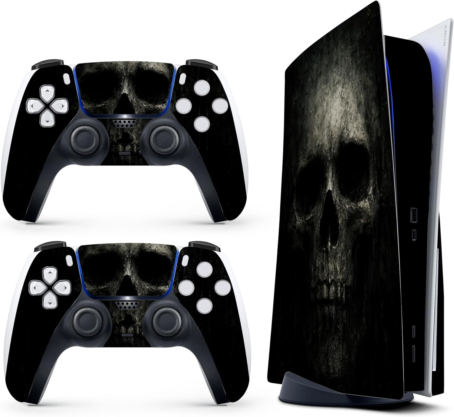 Skin Sticker for Game Console 5 Cover - Black Skull, Compatible with Both Disc Edition & Digital Edition (not Slim Ver) - 2 Controller Skins & Console Skin - No Bubble, Full Protection, Removable