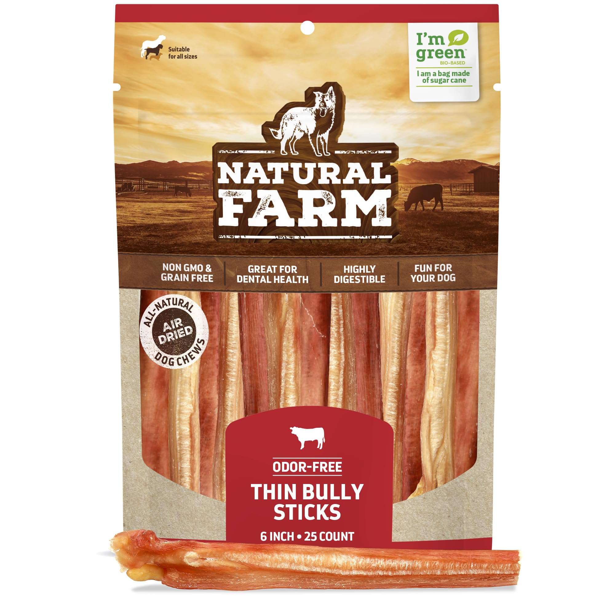 Natural FarmOdor-Free Thin Bully Sticks (6”, 25-Pack) All-Natural Long-Lasting Dog Chews, 100% Beef Pizzle, Grass-Fed, Grain-Free, Protein for Muscle Development & Energy, Perfect for Medium Chewers