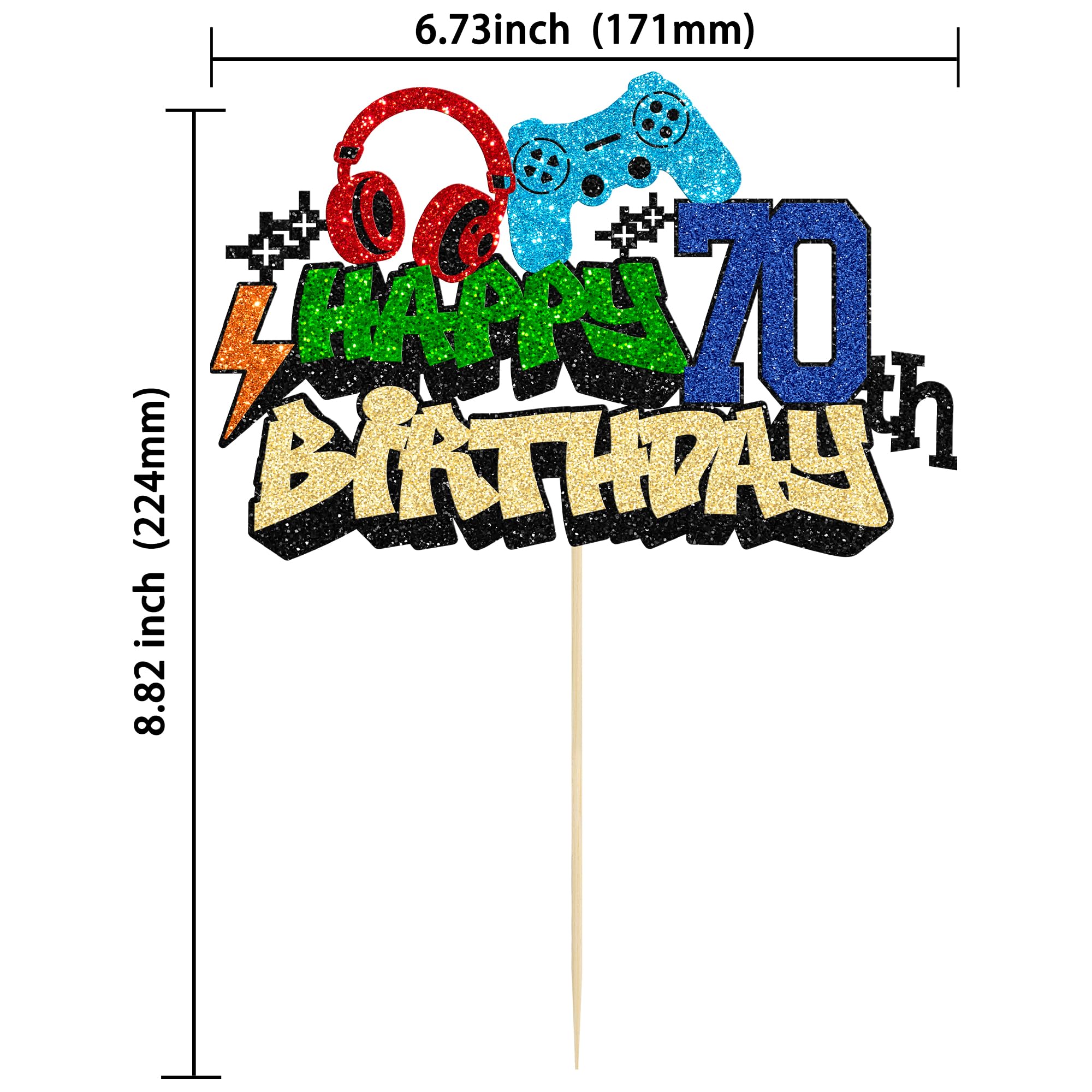 Gyufise 1Pcs Happy 70th Birthday Cake Topper Glitter Video Game Cake Pick Game On Controllers Eighteen Cheers to 18 Years Cake Decoration for Game Theme Happy 70th Birthday Party Supplies 1