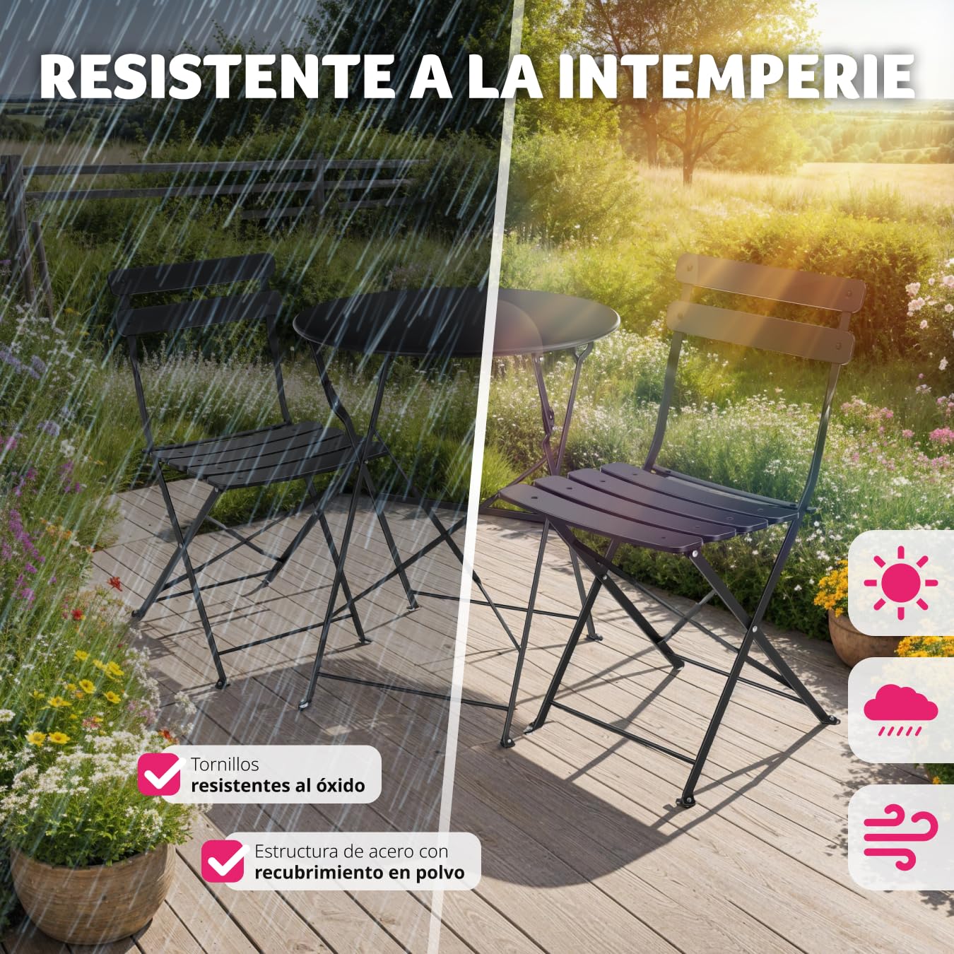 tectake® Conjunto Muebles Jardín Exterior de Mesa de Bistró y 2 Sillas, Plegables, Tapas Antideslizantes, Mesa y Sillas Terraza Estilo Retro con Estructura de Acero, Ideal Balcones Pequeños - Negro