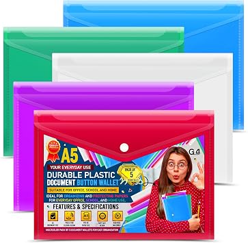 G4GADGET A5 Plastic Document Wallets with Popper - Pack of 5 | Assorted Colors | Waterproof, Durable & Transparent A5 File Folders for School, Office, Home & Travel