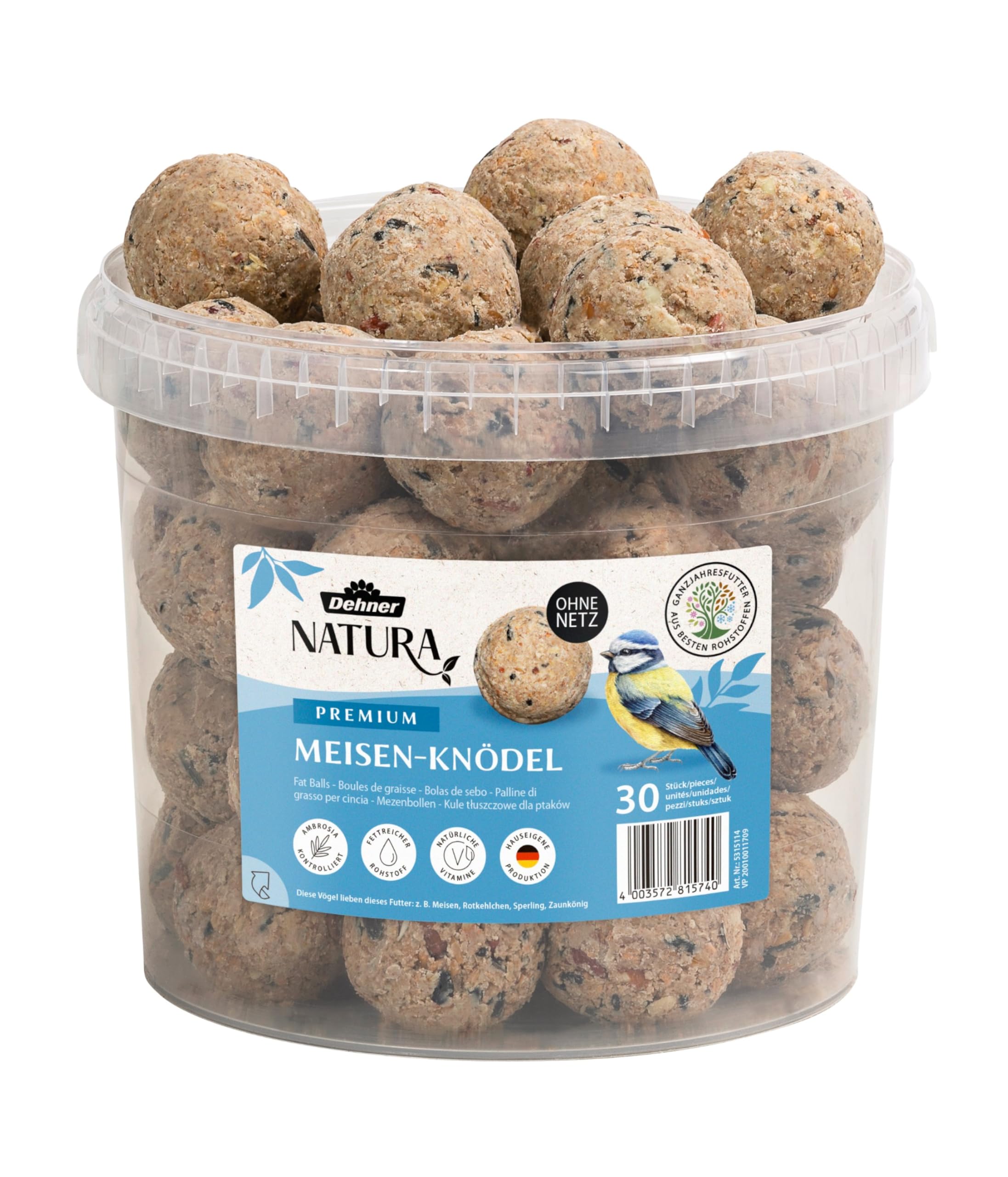 Dehner Natura Premium Mangime per uccelli selvatici palline per cinciallegre 30 pezzi 90 g ciascuno 2,7 kg