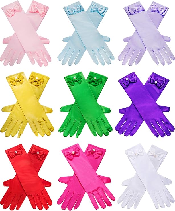 9 Pairs Girls Satin Gloves Bowknot Gloves Princess Gloves