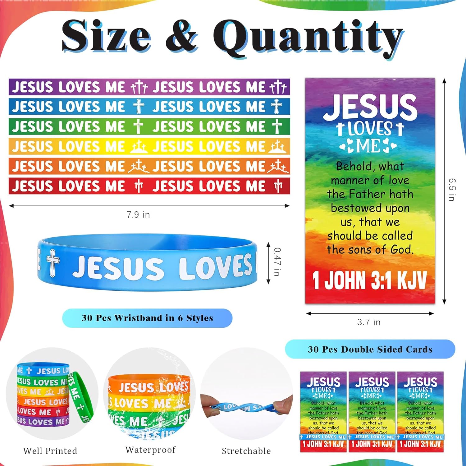 30 Sets/ 60 Pcs Jesus Loves Me Silicone Wristbands with Bible Verse Cards, Christian Religious Party Favors Gifts Rainbow VBS Rubber Bracelets Wristbands for Easter Sunday School Church Group - Image 2