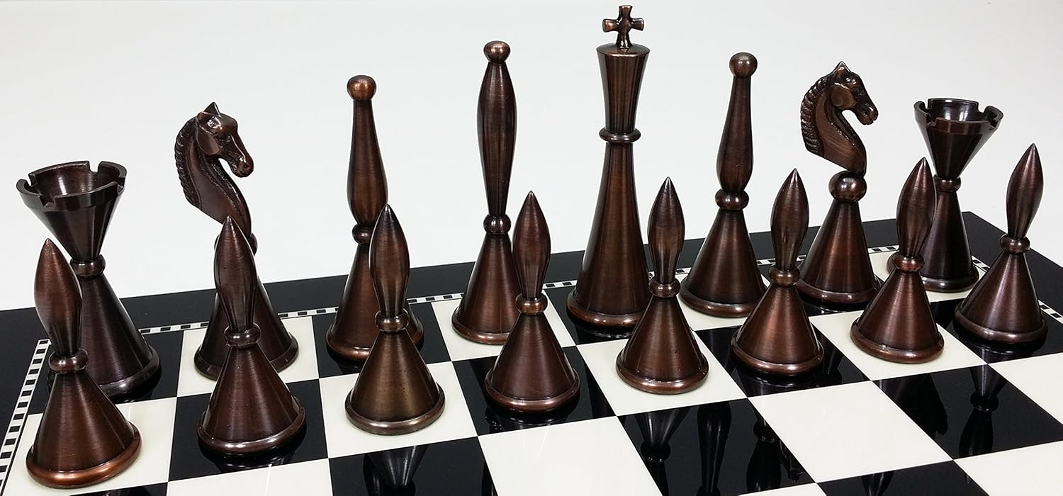 Brass Metal Modern Art Deco Staunton Chess Men Set in Antique Copper and Nickel Finish- NO Board