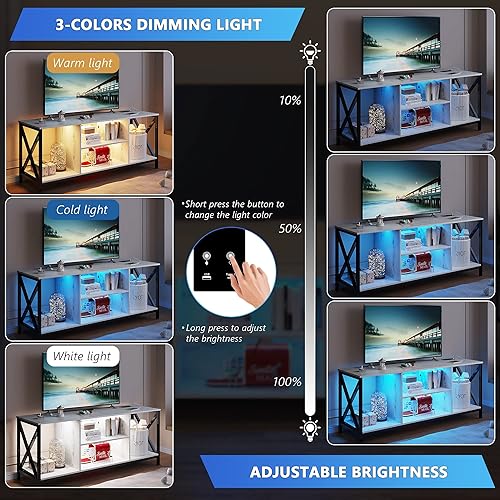 Miniatura 3 de HNEBC Soporte de TV LED blanco con estación de carga USBinalámbrica, soportes de televisión con inducción automáticaluces LED ajustables, soporte de