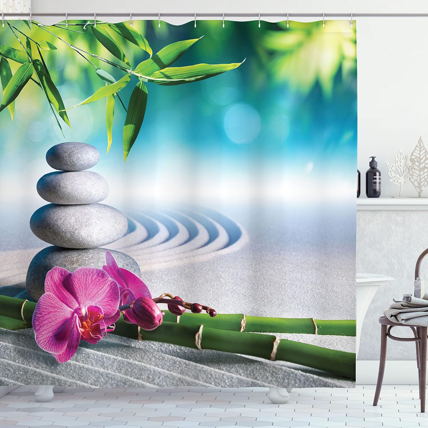 Ambesonne Spa Shower Curtain, Sand Orchid and Massage Stones in Garden Sunny Day Yoga, Cloth Fabric Bathroom Decor Set with Hooks, 69" W x 84" L, Blue Fern Green Fuchsia