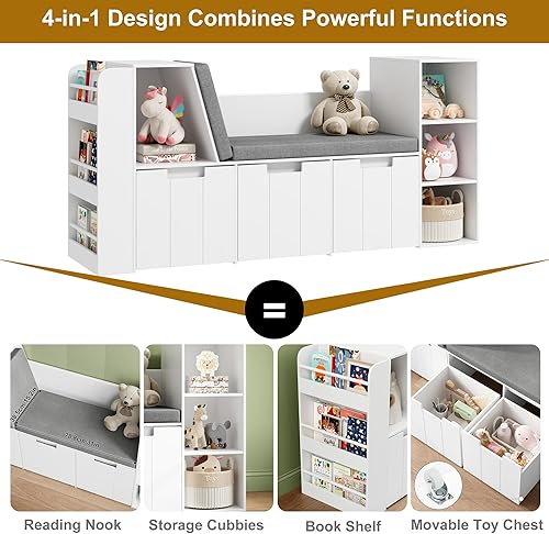 Miniatura 4 de Rincón de lectura para niños de 61.5 pulgadas con estantería de 3 capas, rincón de lectura para niños con banco doble y cajones rodantes, estantería