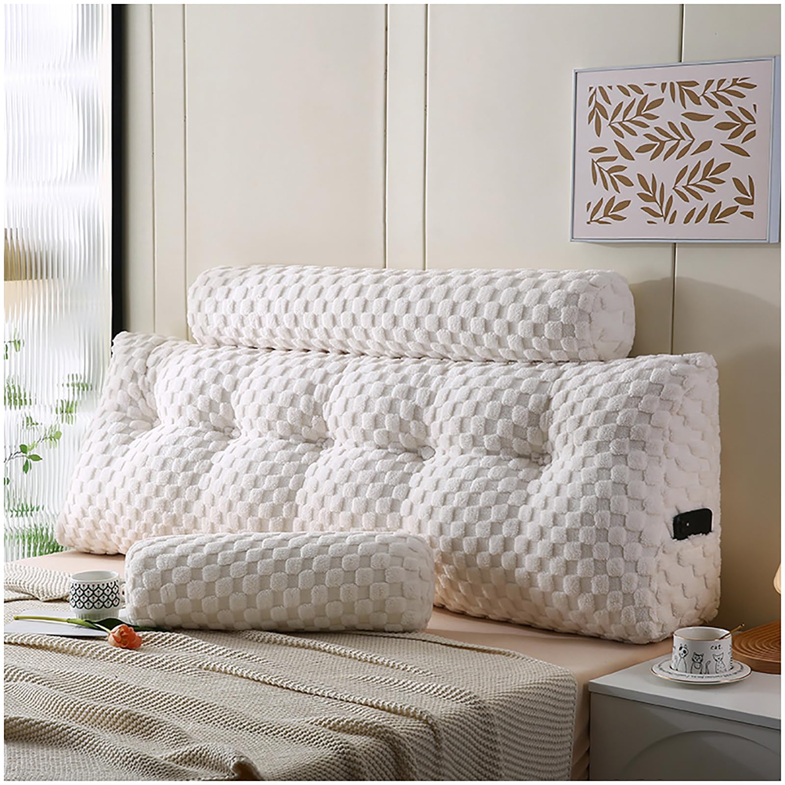 Coussin de Lecture Blanc pour Lit et Canapé avec Rouleau de Cou Amovible x2