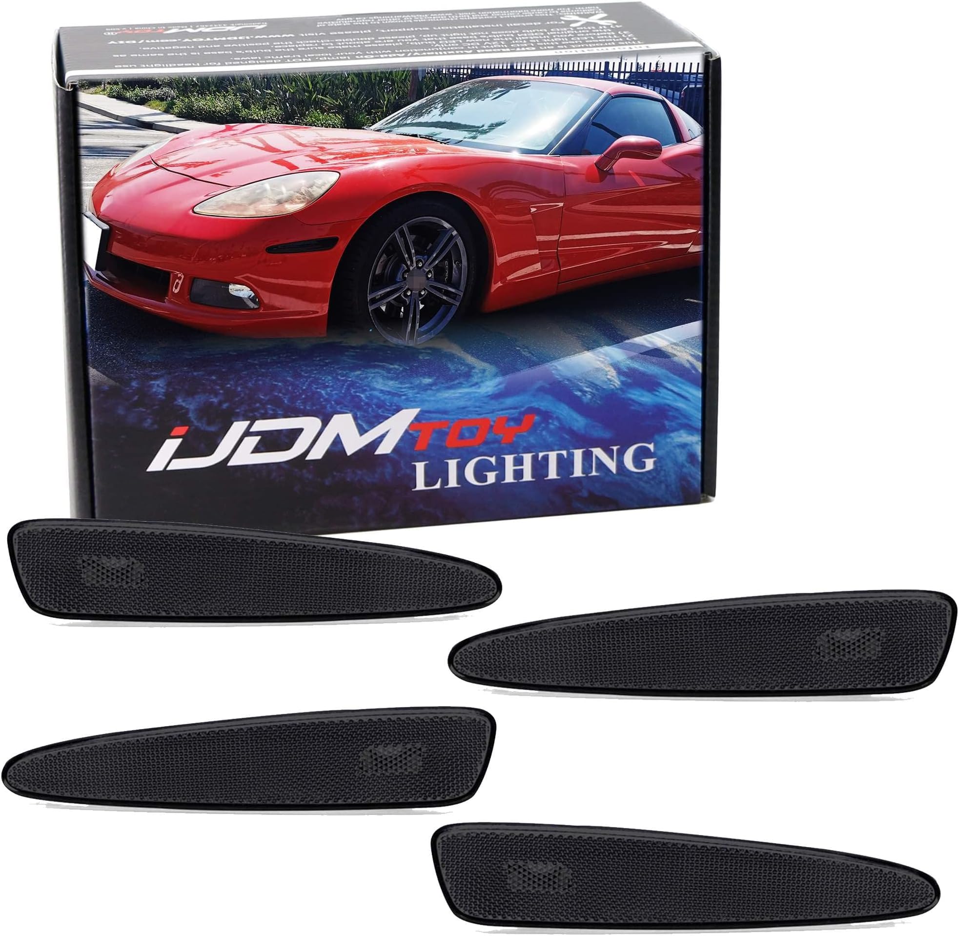 iJDMTOY 4pc-Set Black Smoked Lens Front & Rear Side Marker Lamp Housing Assemblies, Compatible With 2005-2013 Chevrolet C6 Corvette, Replace OEM Amber/Red Sidemarkers