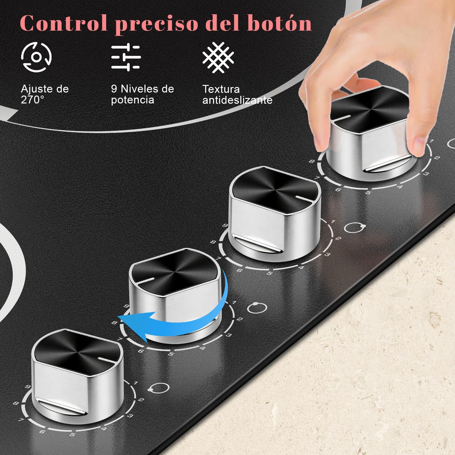 Placa Vitrocerámica 4 Fuegos Empotrable, 60CM, 6000 W, 220 V, Independiente con Perillas, Función de Pausa, 9 Niveles de Potencia, Temporizador, Bloqueo de Seguridad para Niños